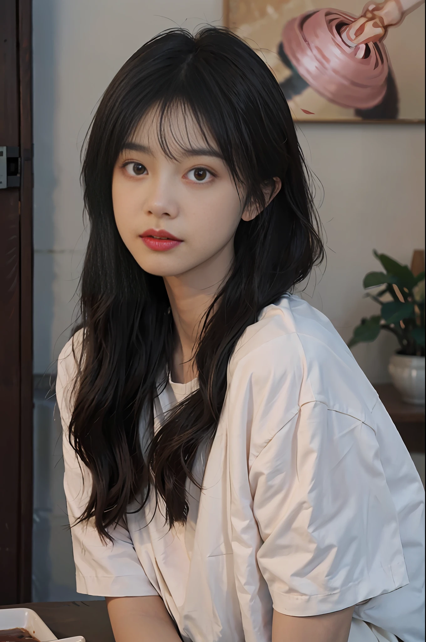 Temperament girl, delicate facial features, bangs, brown ponytail, messy hair, hair is very realistic, wearing a pink shirt with short sleeves, the background is a studio, sea view, Du Qiong, exquisite makeup, light red lips, big eyes, double eyelids, black holes, bright eyes, symmetrical face, very real face, narrow waist, thighs, meticulously portraying the girl's face, blush, super high appearance, looking at the audience, very realistic skin, skin oil reflection, artwork, clothes with real fabric texture, realistic painting, Cinematic style, photography level, ray tracing, realistic light and shadow effects, realism, masterpiece, like the top photography effect, 8K