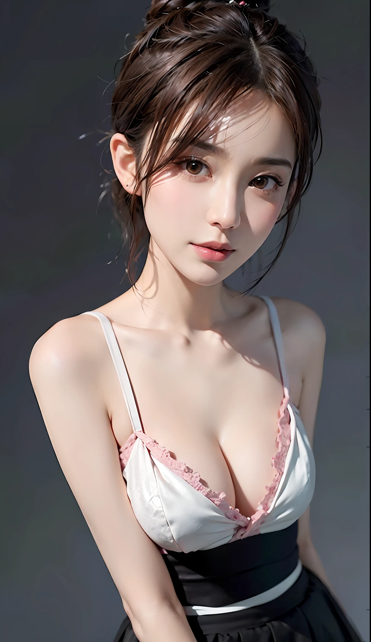 (RAW photo, best quality), (realistic, photo-realistic:1.3), best quality ,masterpiece, an extremely delicate and beautiful, extremely detailed ,CG ,unity ,2k wallpaper, Amazing, finely detail, masterpiece, light smile, best quality, extremely detailed CG unity 8k wallpaper, huge filesize , ultra-detailed, highres, extremely detailed, 1girl, slim body, small breasts, (black leotard top:0.7), (pink skirt:1.2), (bun hair), (brown hair), looking at looking at viewer, sharp focus, face close-up, nsfw,,,, pureerosface_v1:0.8 short hair,