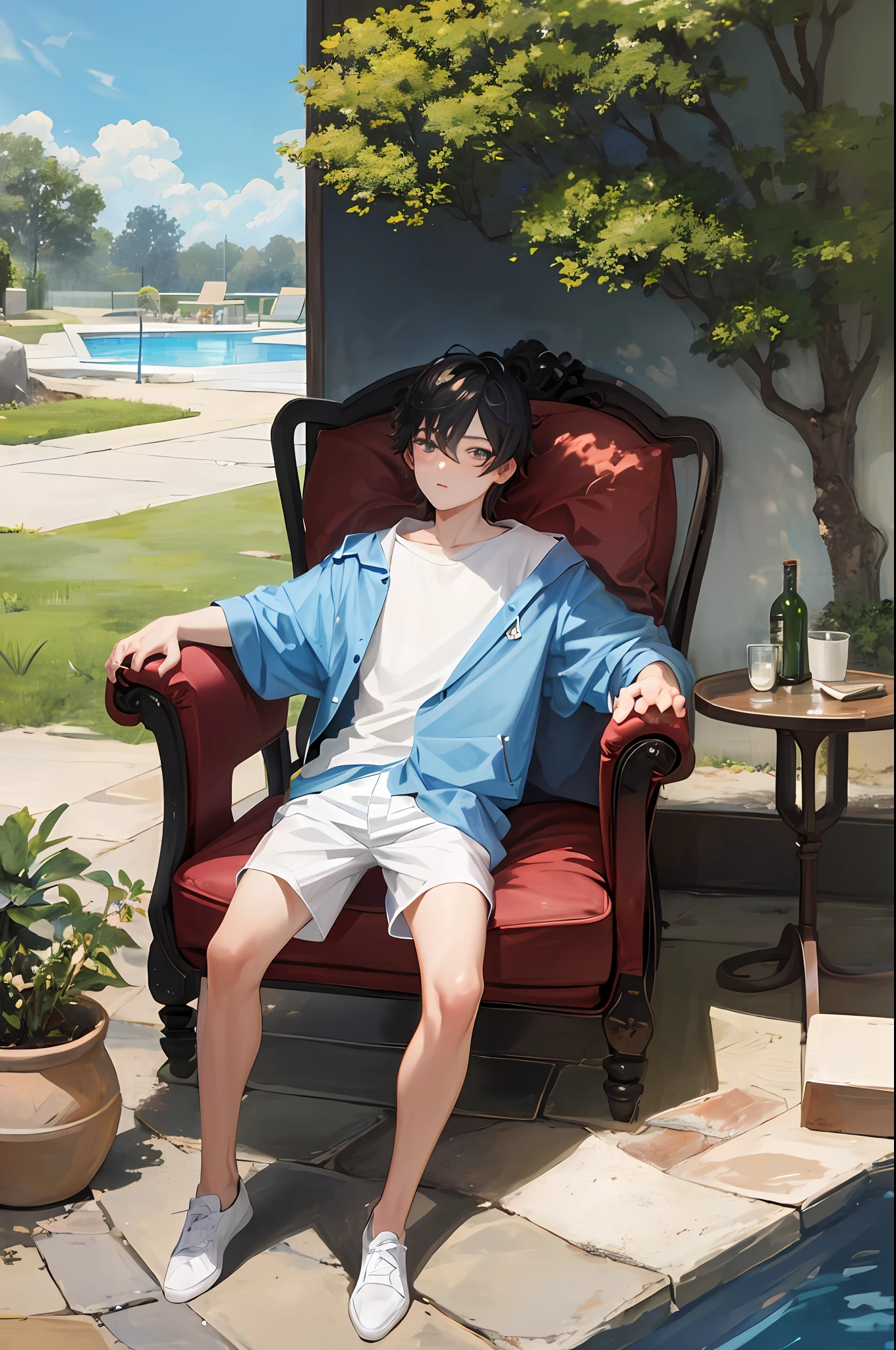 Masterpiece, top quality, absurdity, perfect anatomy, chameleon lying in a chair by the pool drinking juice