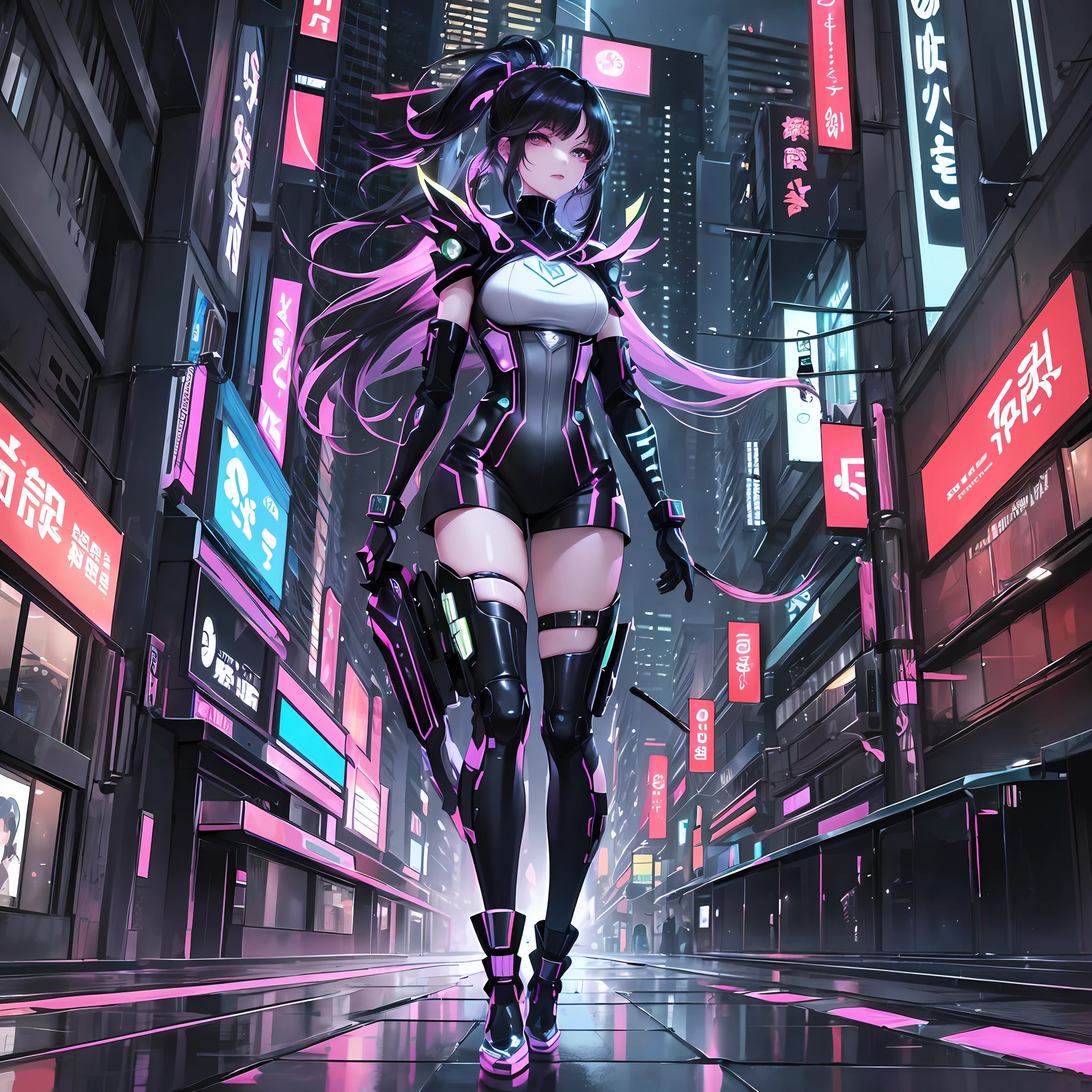 Walking through the dark and oppressive streets of a cyberpunk city, stunning beauty, a young woman full of charm and mystery, dressed in clothes perfectly suited to the futuristic setting, hair shines in vivid and irreverent tones, adorned by futuristic and technological embellishments, perfect clothes of aesthetics and functionality, mixture of sparkles and textures that capture the light in a mesmerizing way. The environment around him seems to light up and come to life, as if it had been transformed by his presence, walking with confidence and gracefulness through the streets, epic scene,