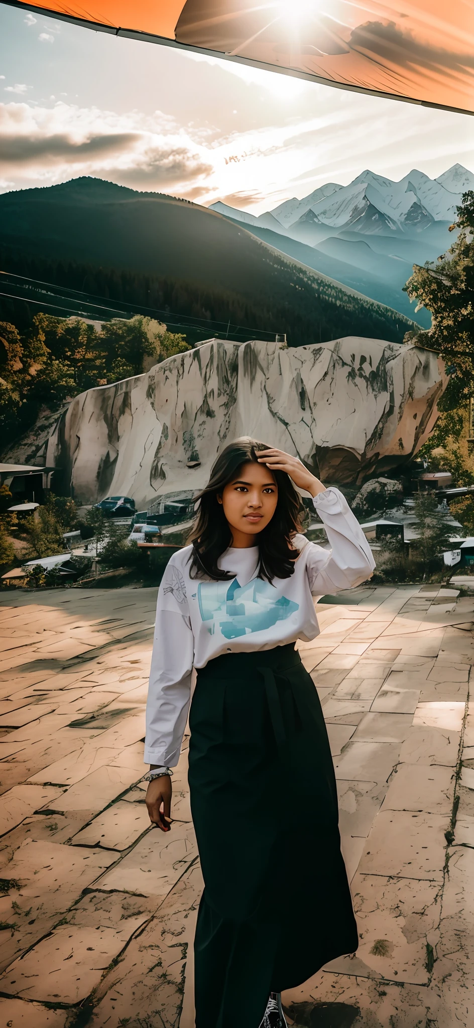 there is a woman standing in a parking lot with a skateboard, in front of a forest background, nivanh chanthara, standing in front of a mountain, taken with canon 8 0 d, in front of white back drop, photo taken in 2 0 2 0, taken with sony alpha 9, with mountains in the background, moutain in background