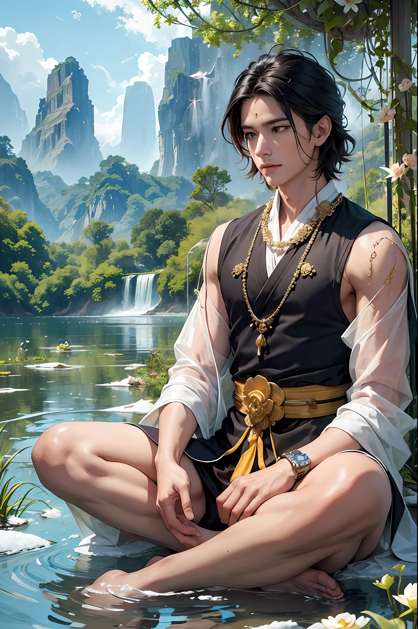 The book's cover, realistic, richness of detail, 8k, depicts a majestic and spiritual setting that evokes the essence of the protagonist and his Buddhist journey. In the foreground, we have the main character, Rohan, is a man, standing, imbued with a posture of confidence and serenity. He wears his traditional black kimono, standing out from the surrounding scenery.
Rohan is in a meditation pose, his legs crossed and his hands resting on his lap. His gaze is focused and tranquil, conveying a deep connection to his inner essence and the teachings of Buddhism. Behind Rohan stands a magnificent and peaceful landscape. Majestic mountains stretch along the horizon, with snowy peaks touching the sky. The gentle fog surrounds the slopes, giving a mystical and timeless atmosphere. In the sky, the sun pours out its golden rays, bathing the scenery in a warm, soft light. This divine luminosity illuminates the figure of Rohan, symbolizing his spiritual connection and inner enlightenment. In front of Rohan, a lotus flower rises from the crystal clear water of a serene lake. Its delicate, immaculate petals represent the purity of the awakened mind, while its roots steeped in slime symbolize the journey of transformation and overcoming. --auto --s2