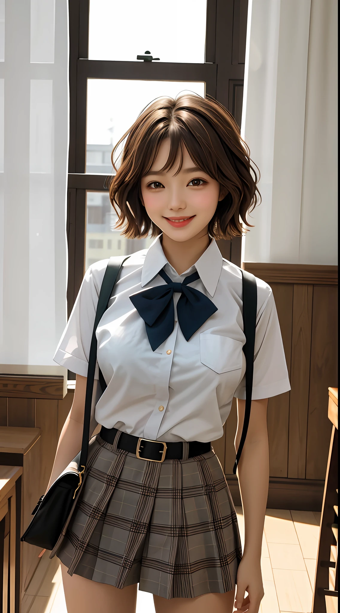 girl, one, best quality, beautiful, cute, breast-large, short-haired, masterpiece, brown-haired, smiling, schoolgirl, uniform, panty shot