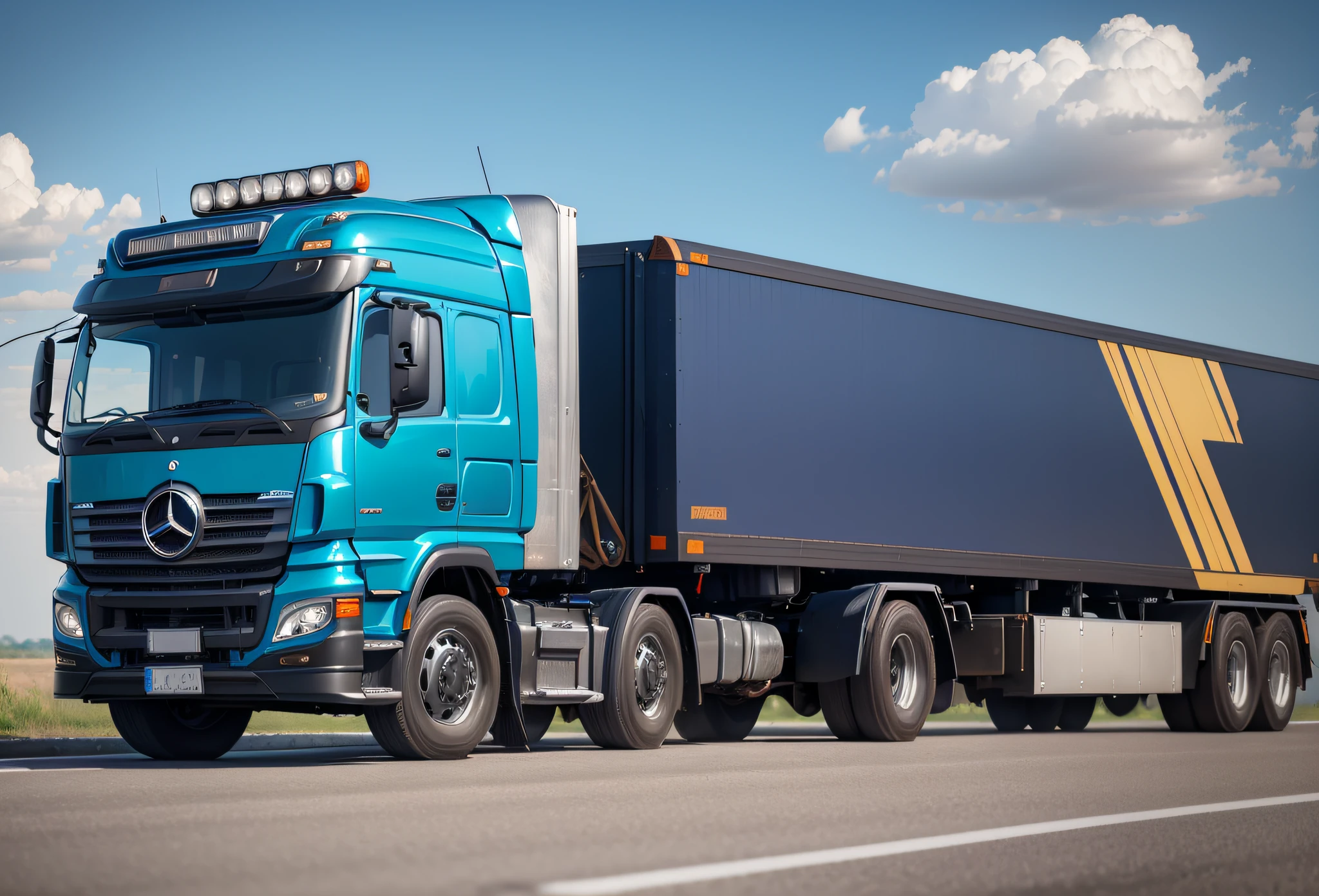 (8k, highest quality, best quality, highly detailed, realistic, cinematic HD) Mercedes 1620 truck with blue cab and black sider on the road --auto --s2