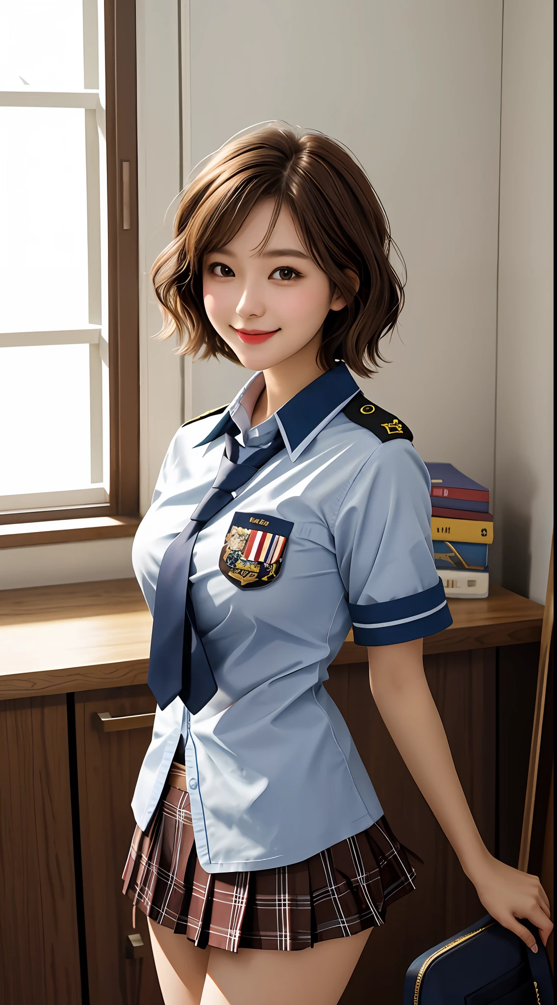 girl, one, best quality, beautiful, cute, breast-large, short-haired, masterpiece, brown-haired, smiling, schoolgirl, uniform, panty shot