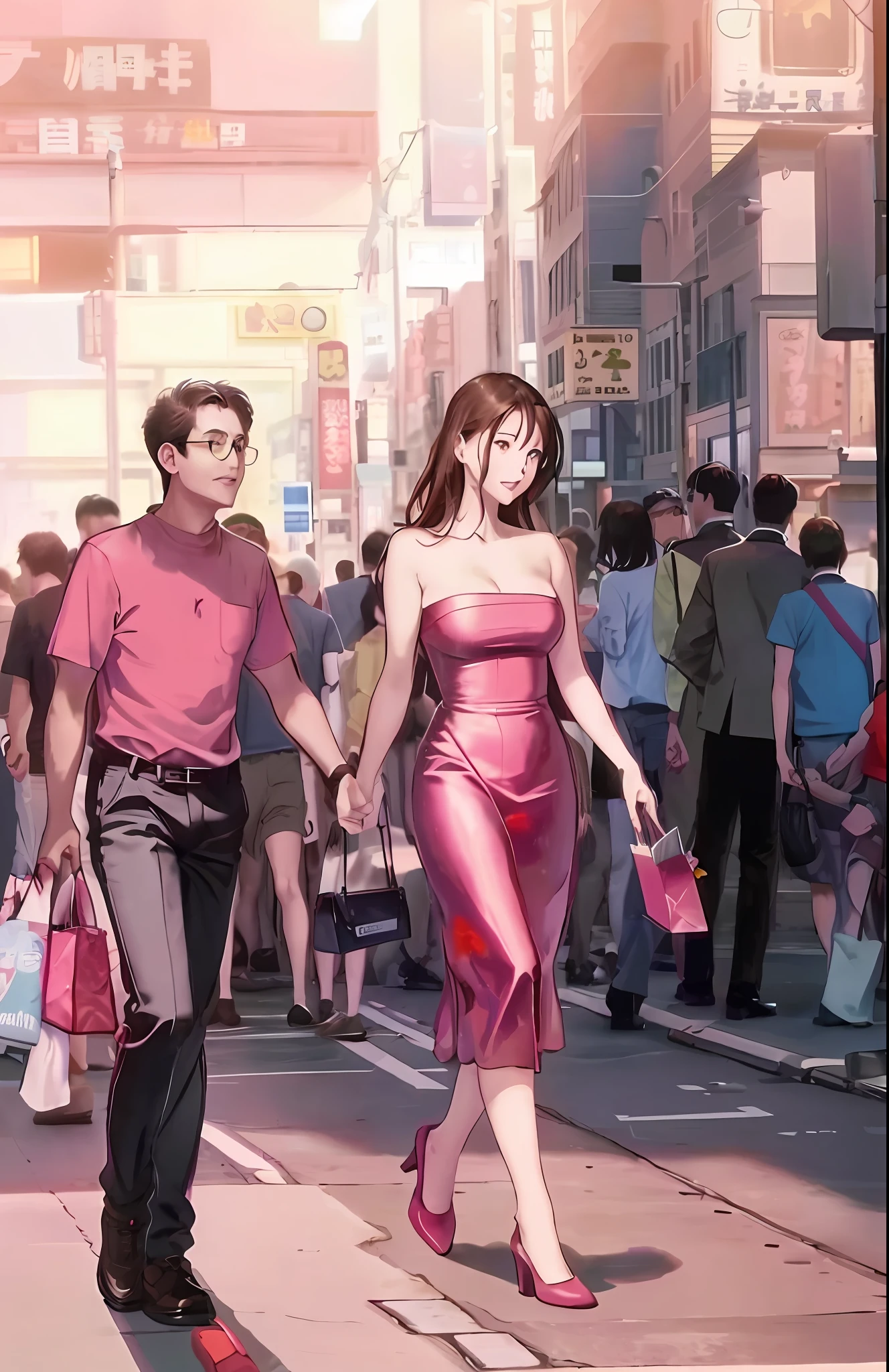 anime illustration of a man and woman walking down a busy street, tokyo anime scene, at a city street, made with anime painter studio, by Yamagata Hiro, wandering in the city, by Kentaro Miura, beautiful anime scene, in city street, in anime style, by Patrick Ching, by Okada Beisanjin, by Li Song