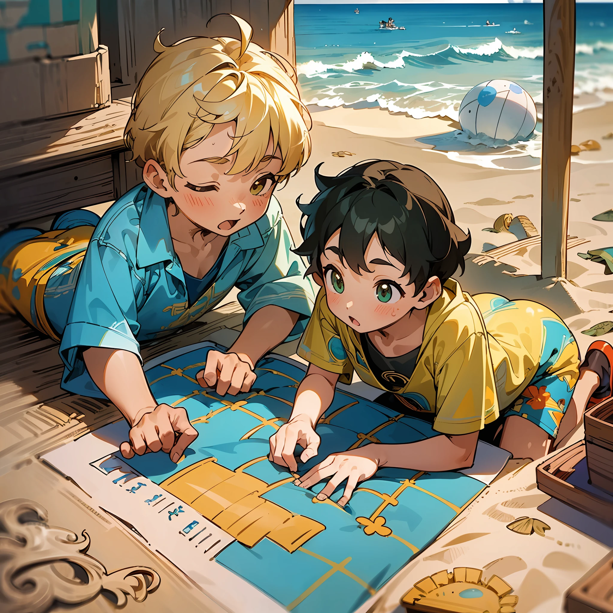 (best quality, ultra-detailed) drawing, ancient treasure map, beach, children, (Lucas:1.2)+(Miguel:1.2), playing, unexpected discovery, buried treasure, mystery, (detailed sand, ocean, waves), vibrant colors, warm and sunny afternoon. --auto --s2