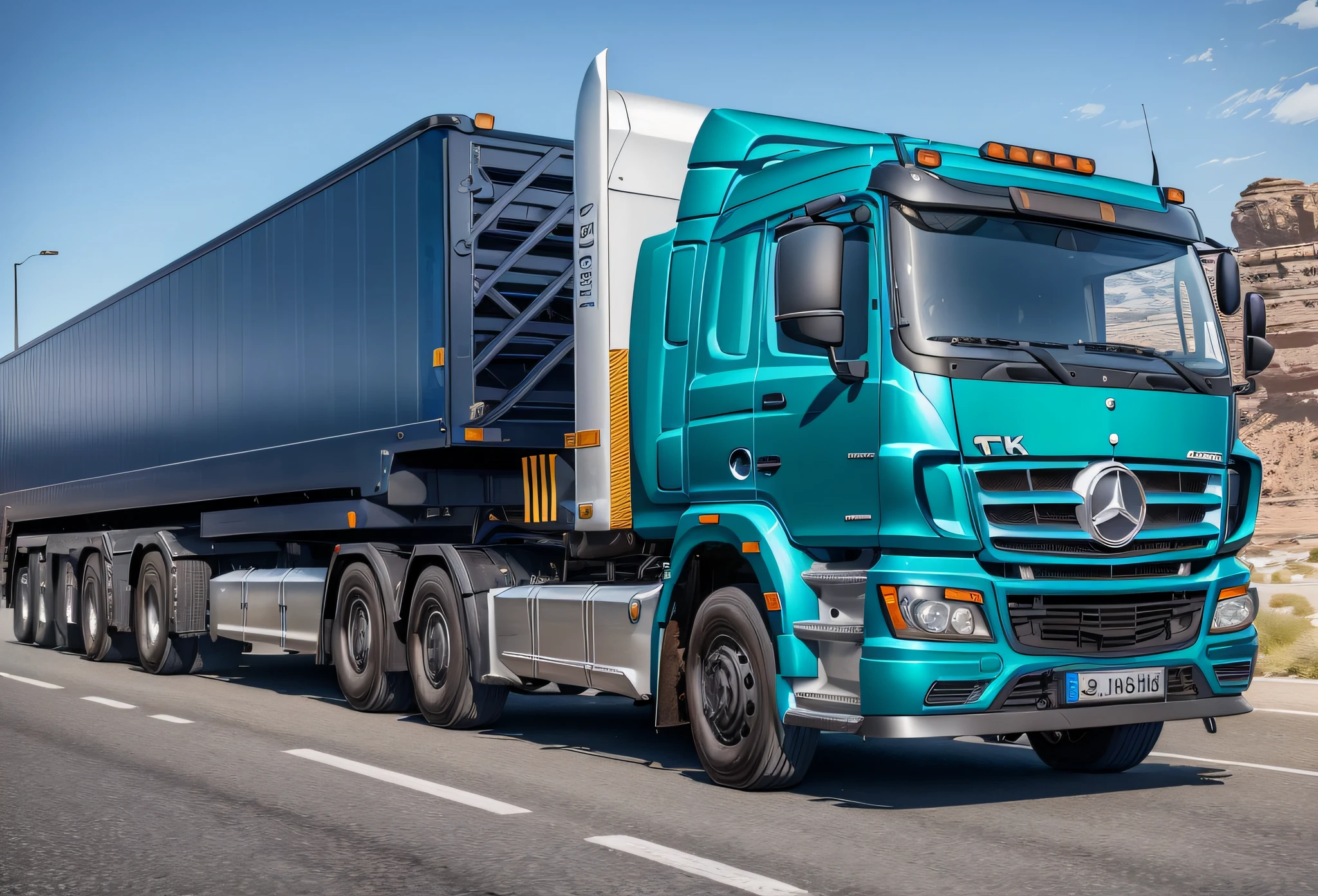 (8k, highest quality, best quality, highly detailed, realistic, cinematic HD, contrast) Mercedes 1620 truck with blue cab and black sider on the road --auto --s2