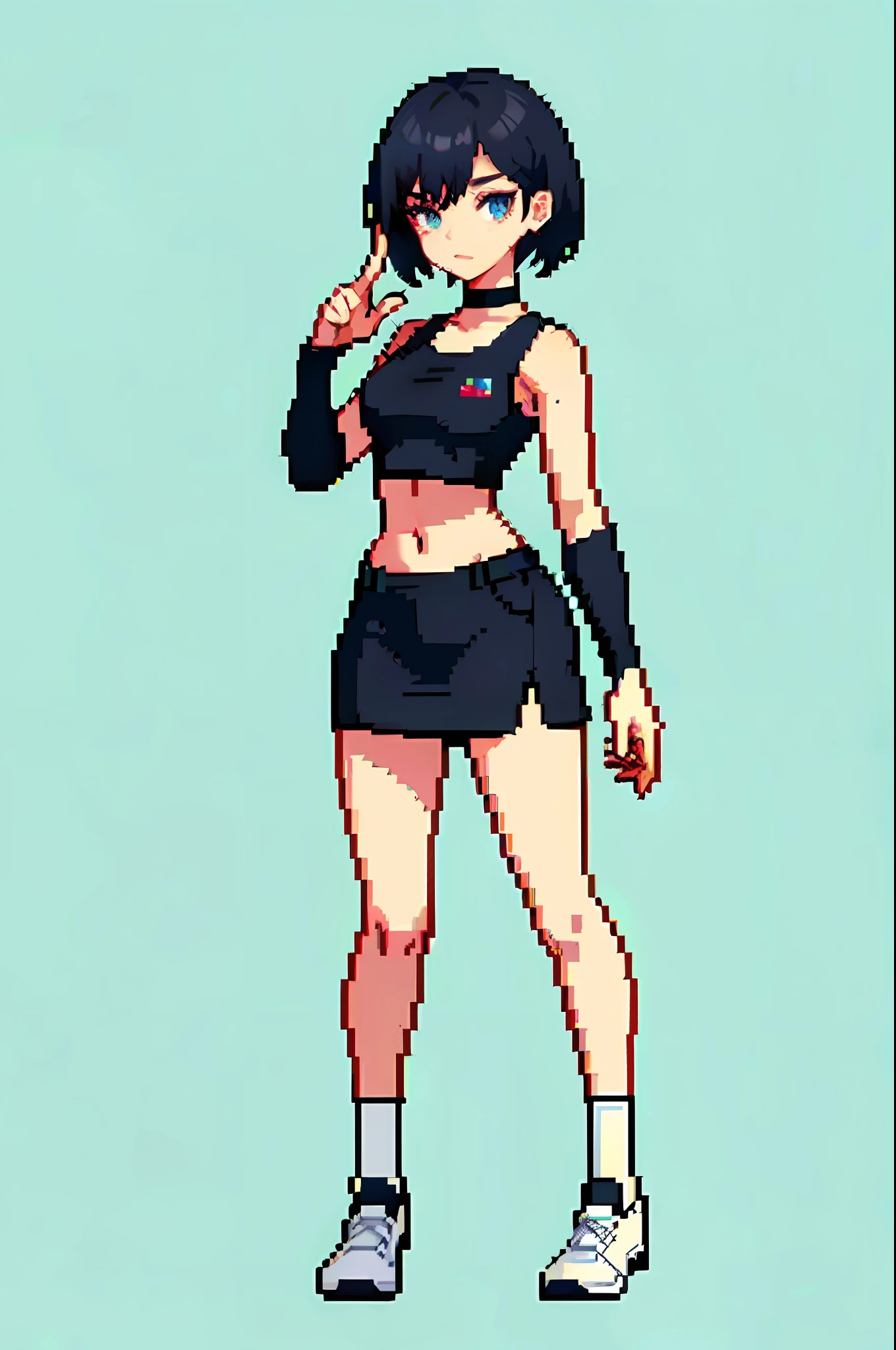 (masterpiece, top quality, best quality), pixel, pixel art, 1girl, full body, black and short hair, wearing crop top and mini skirt, socks up to thighs, wearing choker