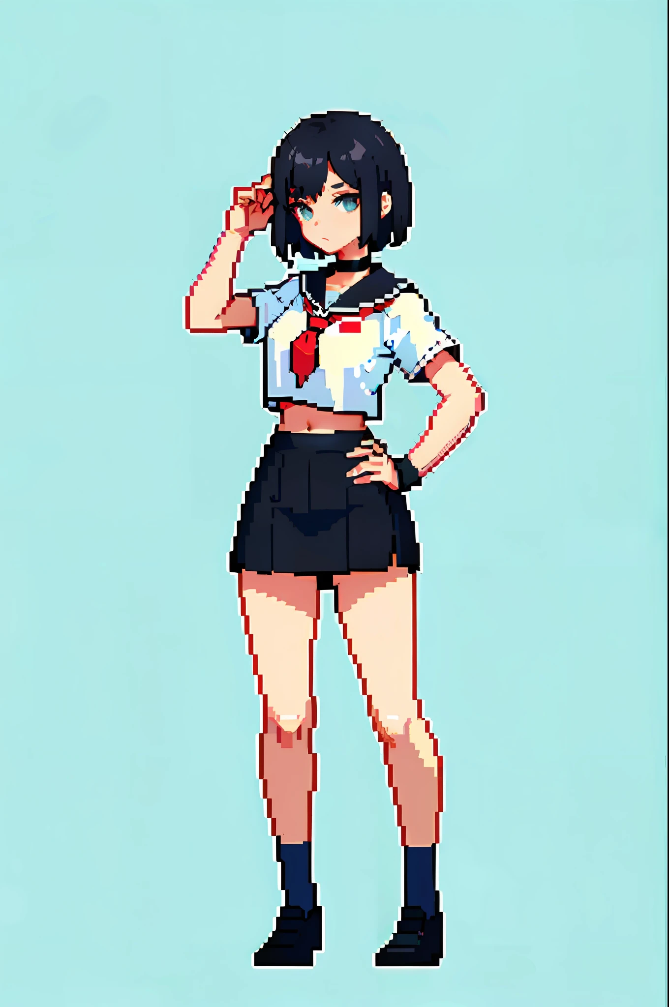 (masterpiece, top quality, best quality), pixel, pixel art, 1girl, full body, black and short hair, wearing crop top and mini skirt, socks up to thighs, wearing choker
