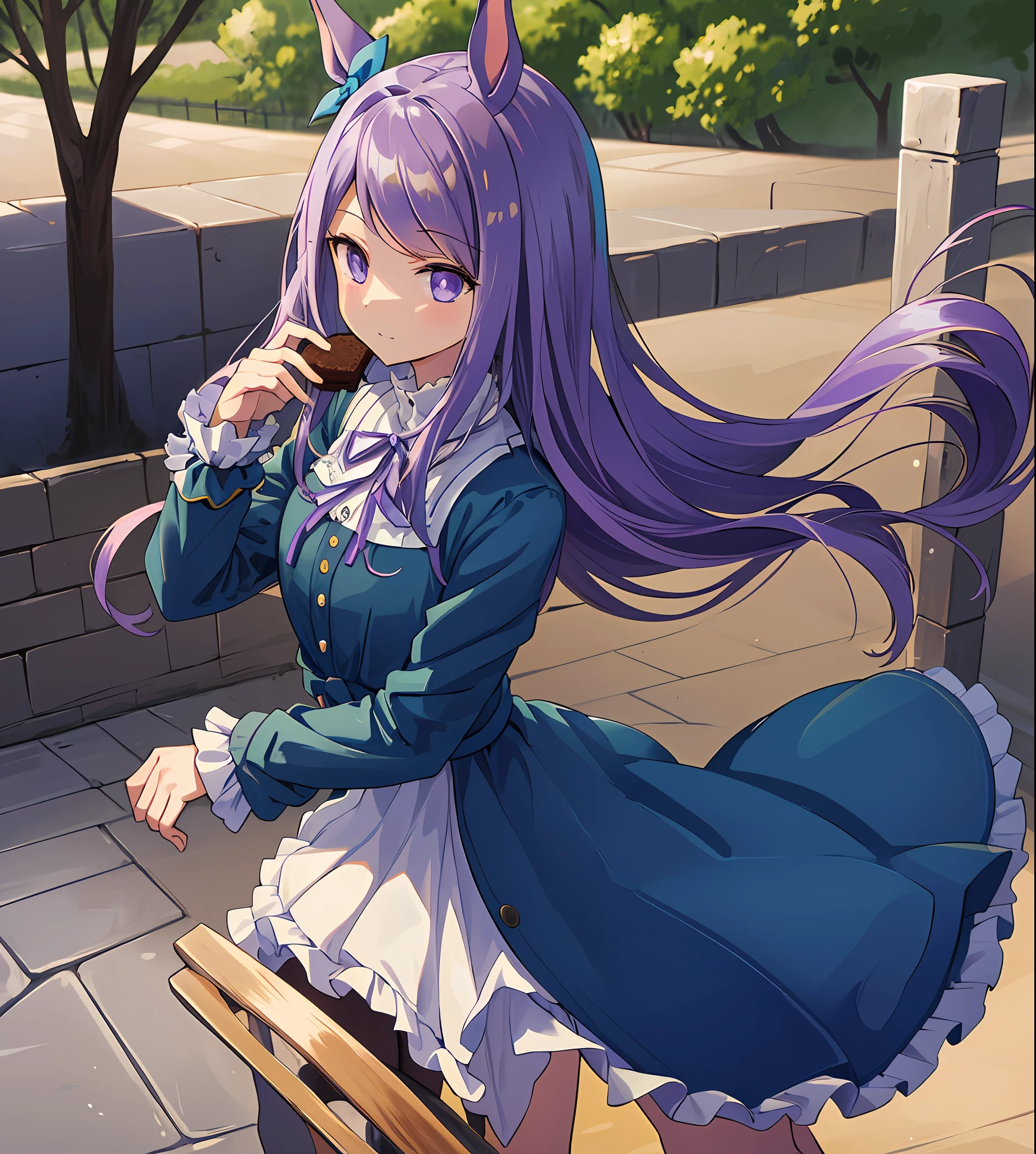 ((masterpiece, best quality)),(illustration),(detailedlight),((anextremelydelicateandbeautiful)),1girl,Mejiro McQueen,Mejiro McQueen(Private clothes),mejiro_mcqueen_\(umamusume\),horse ears,horse girl,long hair,purple hair,purple eyes,bright pupils,ribbon,long sleeves,shirt,dress,solo,eating, chocolate cake, happy,outdoors