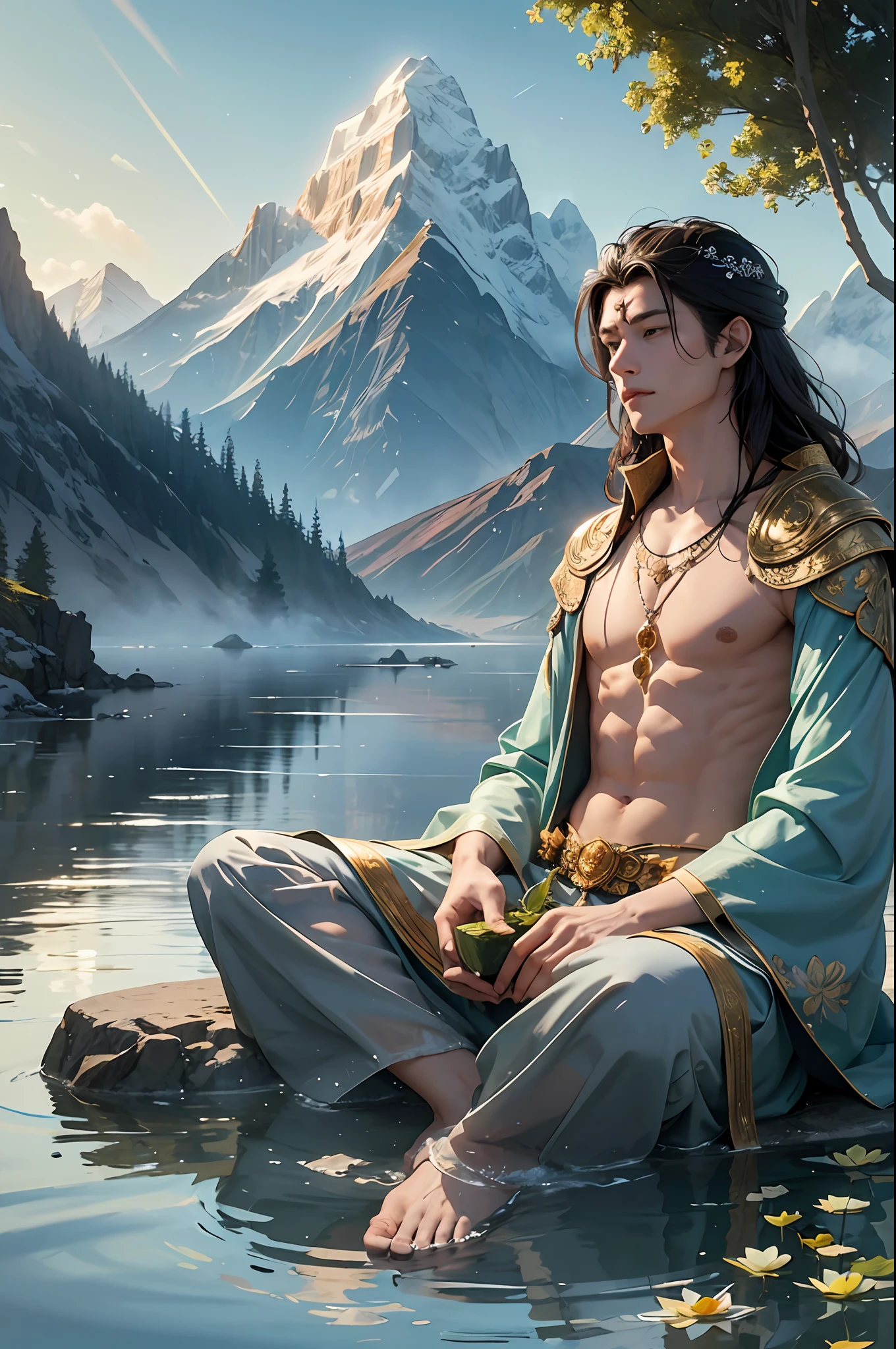 The book's cover, realistic, richness of detail, 8k, depicts a majestic and spiritual setting that evokes the essence of the protagonist and his Buddhist journey. In the foreground, we have the main character, Rohan, is a man, standing, imbued with a posture of confidence and serenity. He wears his traditional black kimono, standing out from the surrounding scenery.
Rohan is in a meditation pose, his legs crossed and his hands resting on his lap. His gaze is focused and tranquil, conveying a deep connection to his inner essence and the teachings of Buddhism. Behind Rohan stands a magnificent and peaceful landscape. Majestic mountains stretch along the horizon, with snowy peaks touching the sky. The gentle fog surrounds the slopes, giving a mystical and timeless atmosphere. In the sky, the sun pours out its golden rays, bathing the scenery in a warm, soft light. This divine luminosity illuminates the figure of Rohan, symbolizing his spiritual connection and inner enlightenment. In front of Rohan, a lotus flower rises from the crystal clear water of a serene lake. Its delicate, immaculate petals represent the purity of the awakened mind, while its roots steeped in slime symbolize the journey of transformation and overcoming. --auto --s2