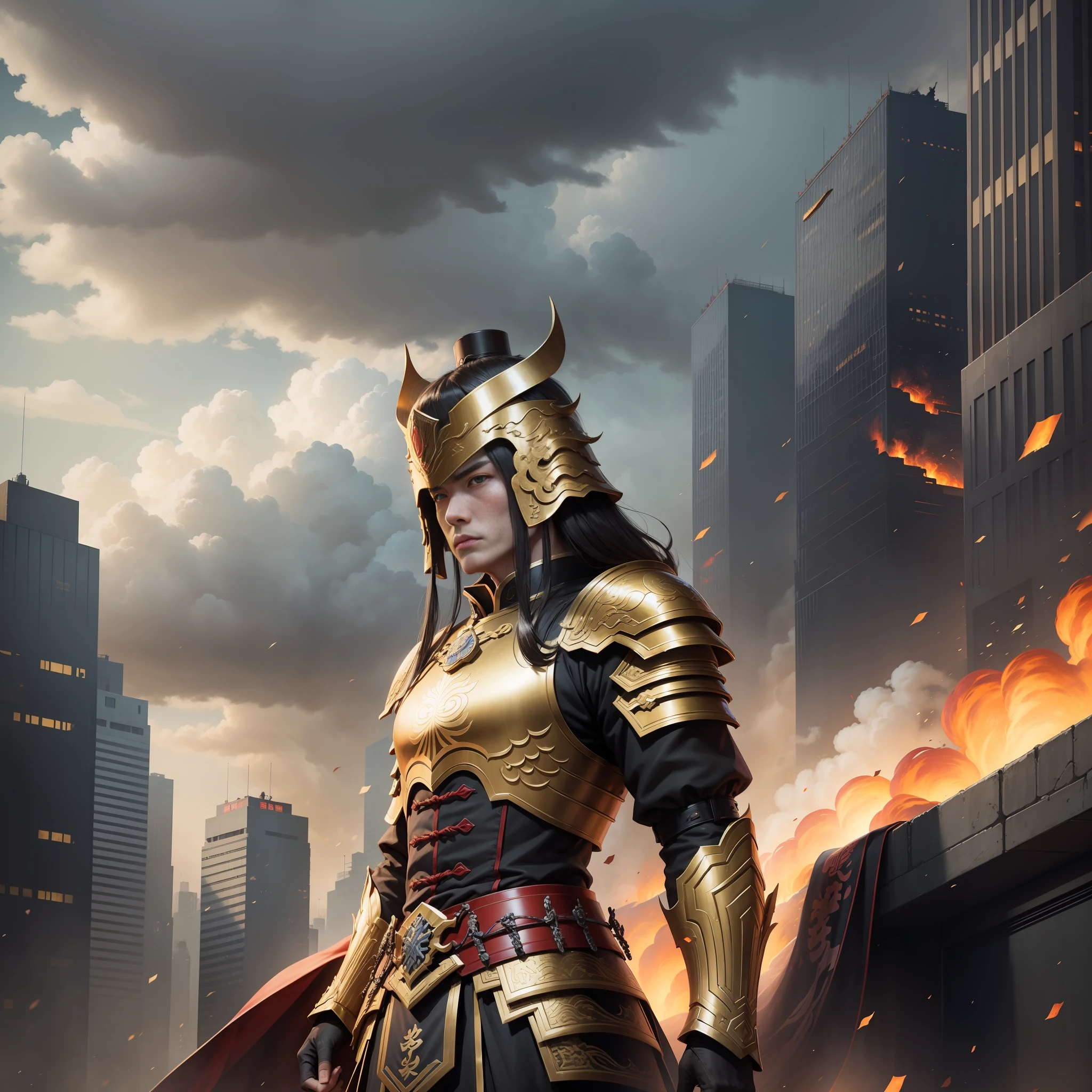General, condescending, standing on the city, murderous, mighty and domineering, traditional Chinese golden armor, black clouds pressing the city to destroy --auto --s2