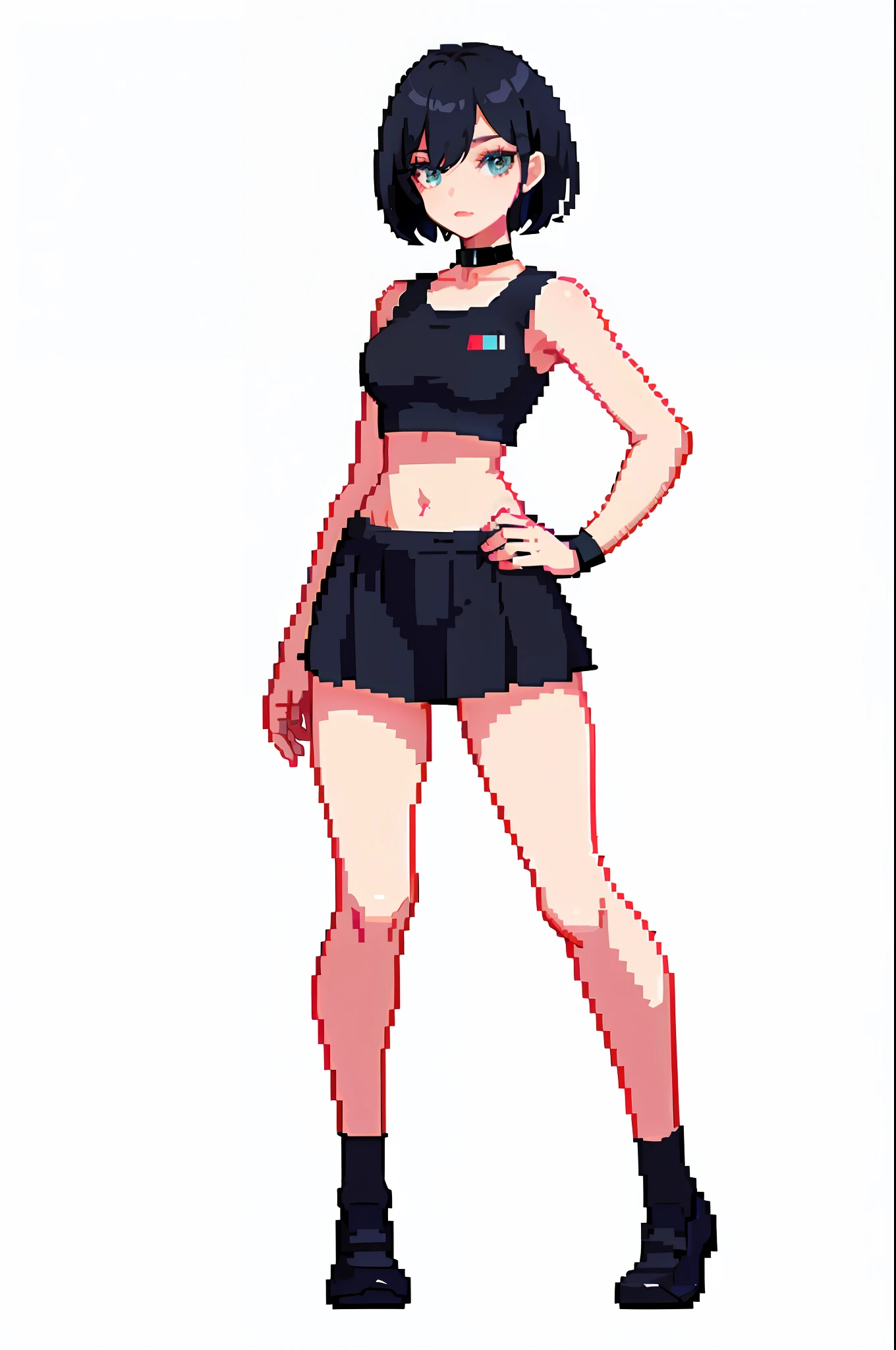 (masterpiece, top quality, best quality), pixel, pixel art, 1girl, full body, black and short hair, wearing crop top and mini skirt, socks up to thighs, wearing choker