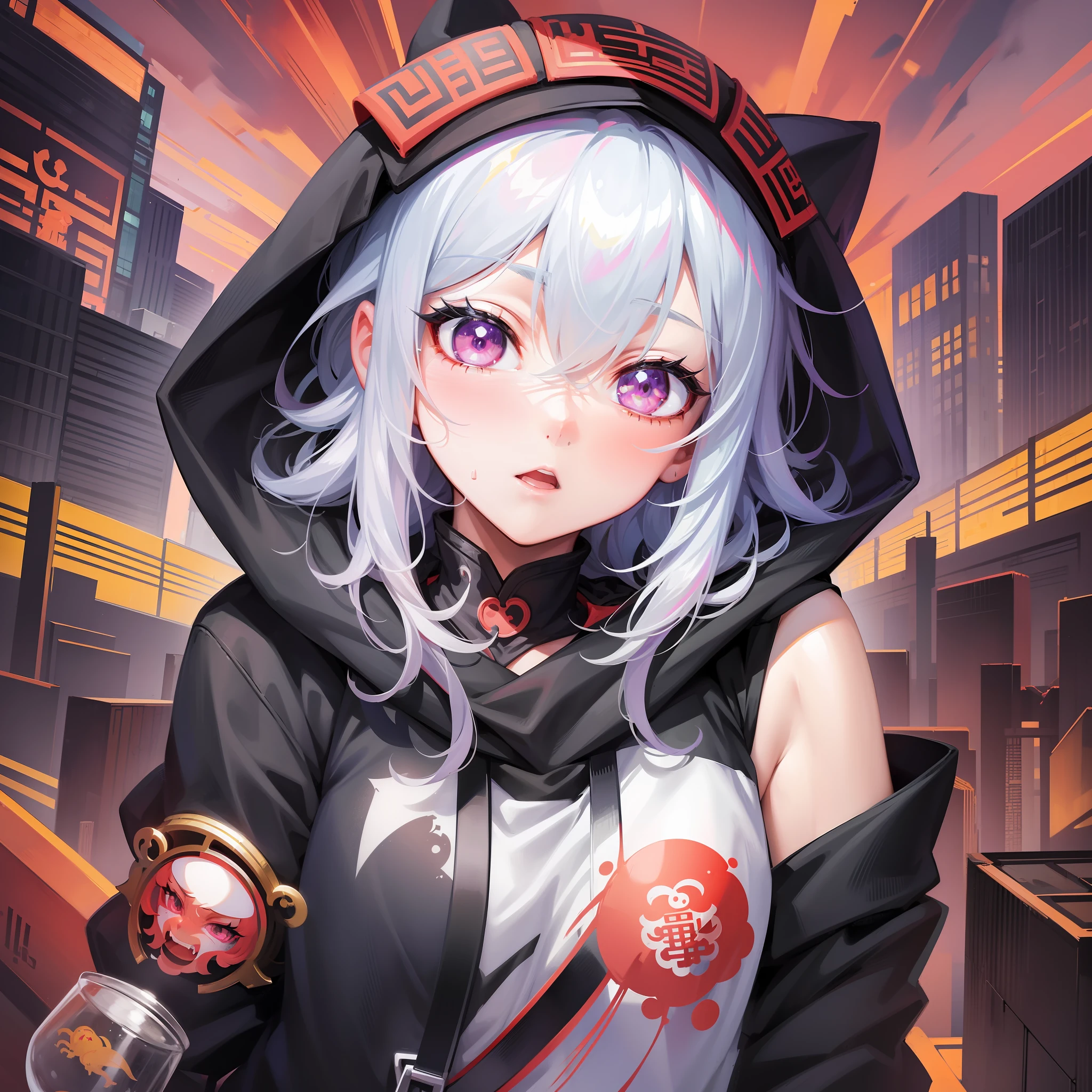 Girl in hoodie, index finger to mouth, facing camera, upper body, Chinese dragon sticker, key anime art, Danganronpa digital art, anime art wallpaper 8K, anime style 4K, badass anime 8K