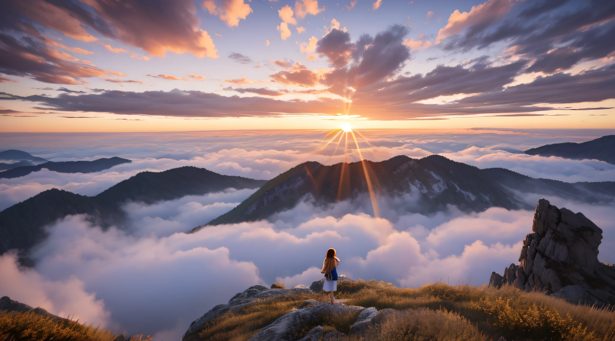 Best Quality, Masterpiece, High Resolution, 1Girl, Standing on the Top of a Mountain, Looking at Clouds, Watching the Sunset, Sunset, Sea of Clouds, Realistic, Lighting, (High Detail Skin: 1.2), 8K UHD, DSLR, Soft Light, High Quality, Volumetric Light, Voyeur, Photo, High Resolution, 4K, 8K, Background Blur,