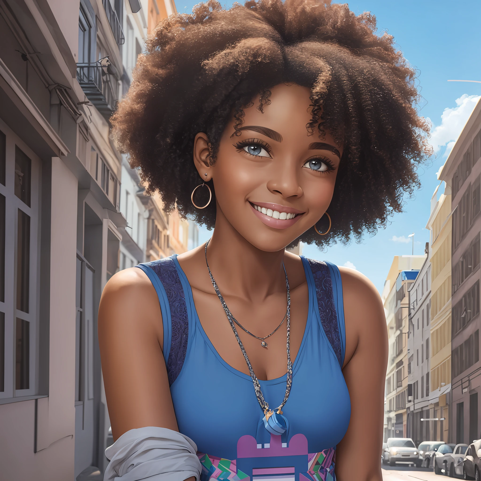 there is a woman with a blue top smiling for the camera, by Nándor Katona, with afro, curly afro, by Maria Helena Vieira da Silva, short curly dark hair smiling, looks like fabiula nascimento, inspired by Maria Helena Vieira da Silva, by Almada Negreiros, short black curly hair soft and soft lighting, soft pastel colors, young scottie, 3D blender rendering, polycount, modular constructivism, pop surrealism, physical-based rendering --auto --s2