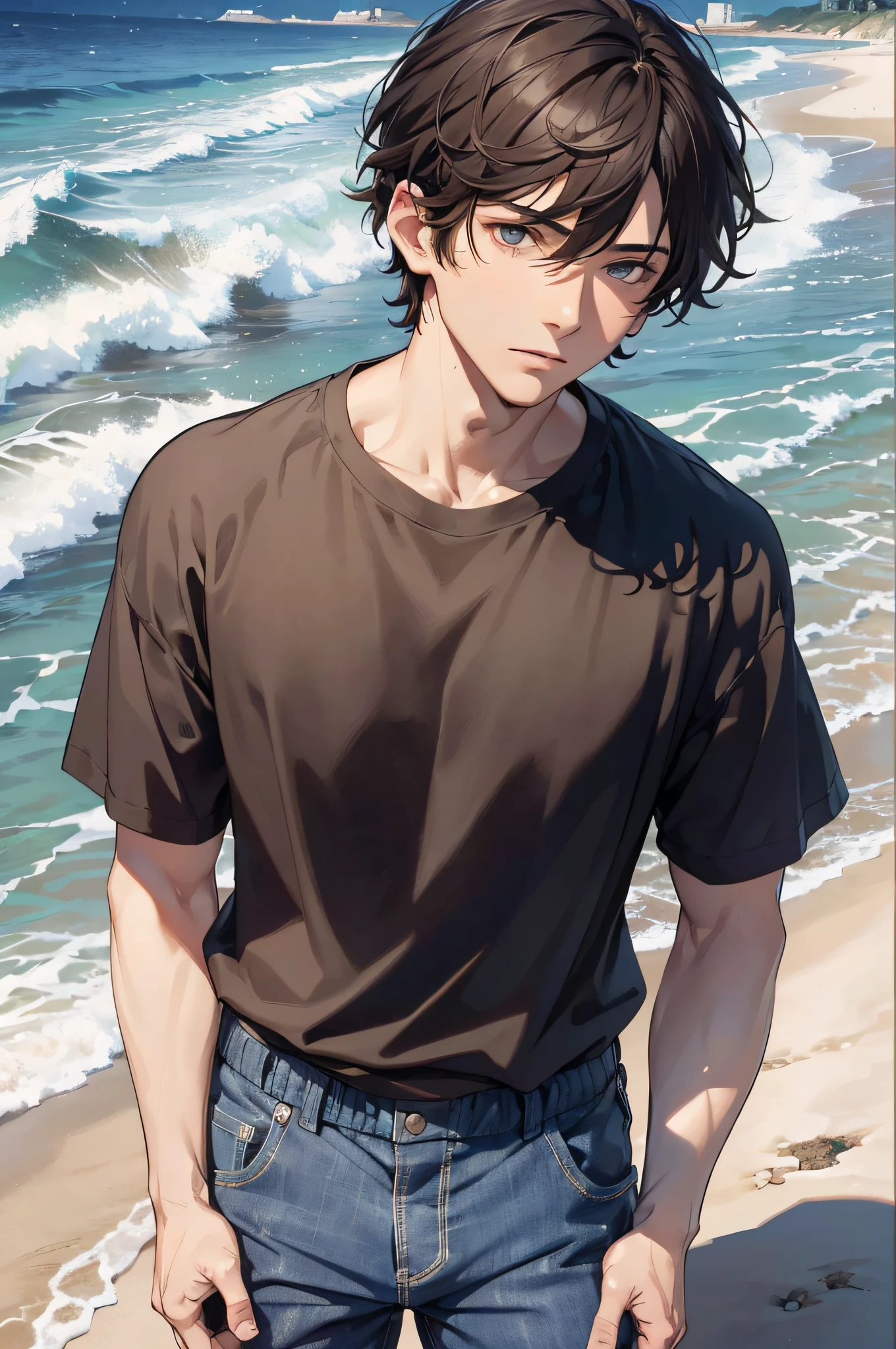 (absurdres, highres, ultra detailed), masterpiece, best quality, a boy with beach, solo, very short hair, dark brown hair, handsome, finely eye and detailed face, casual clothes, full body, real shadow, look away