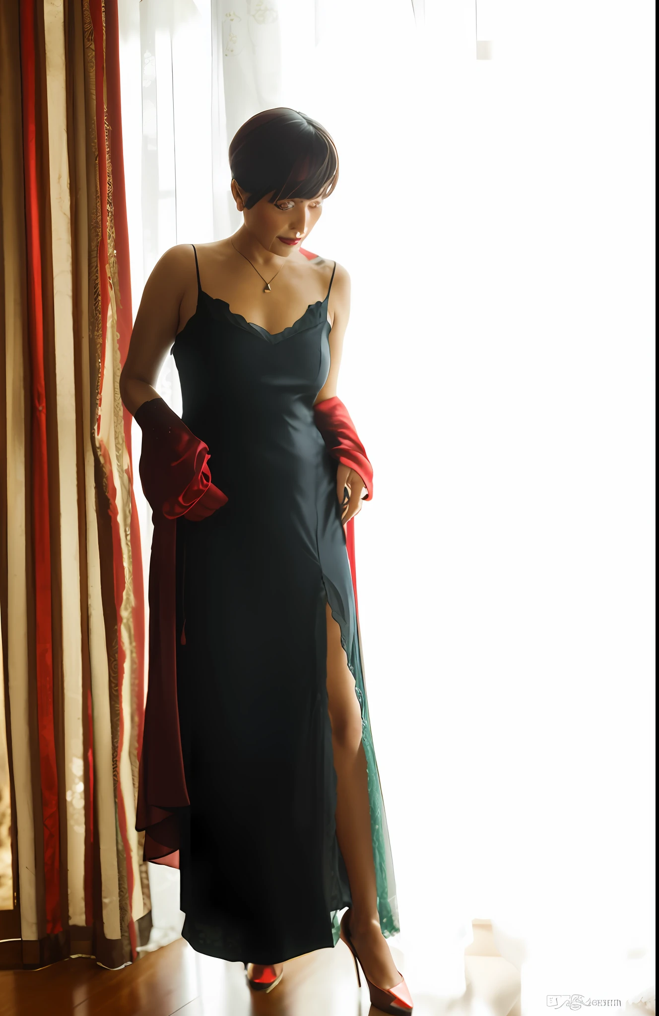 araffe woman in a dress and red gloves standing in front of a window, wearing long gown, wearing an evening gown, full - length portrait, full-length portrait, wearing a luxurious silk robe, wearing dark silk robe, sexy gown, gown, full length portrait, black and red silk clothing, long gown, half-turned lady in evening gown