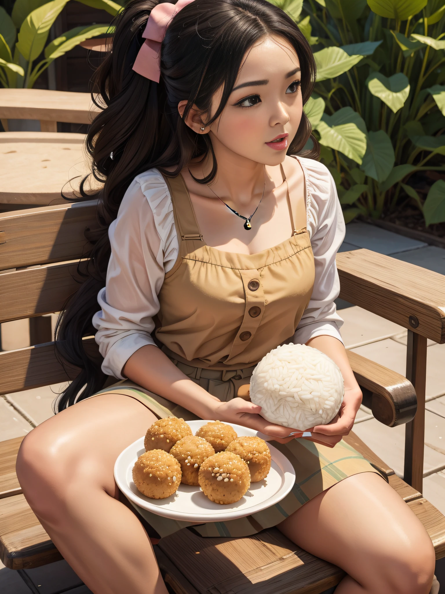 There's a woman eating rice balls, Cute:2, Semi-long