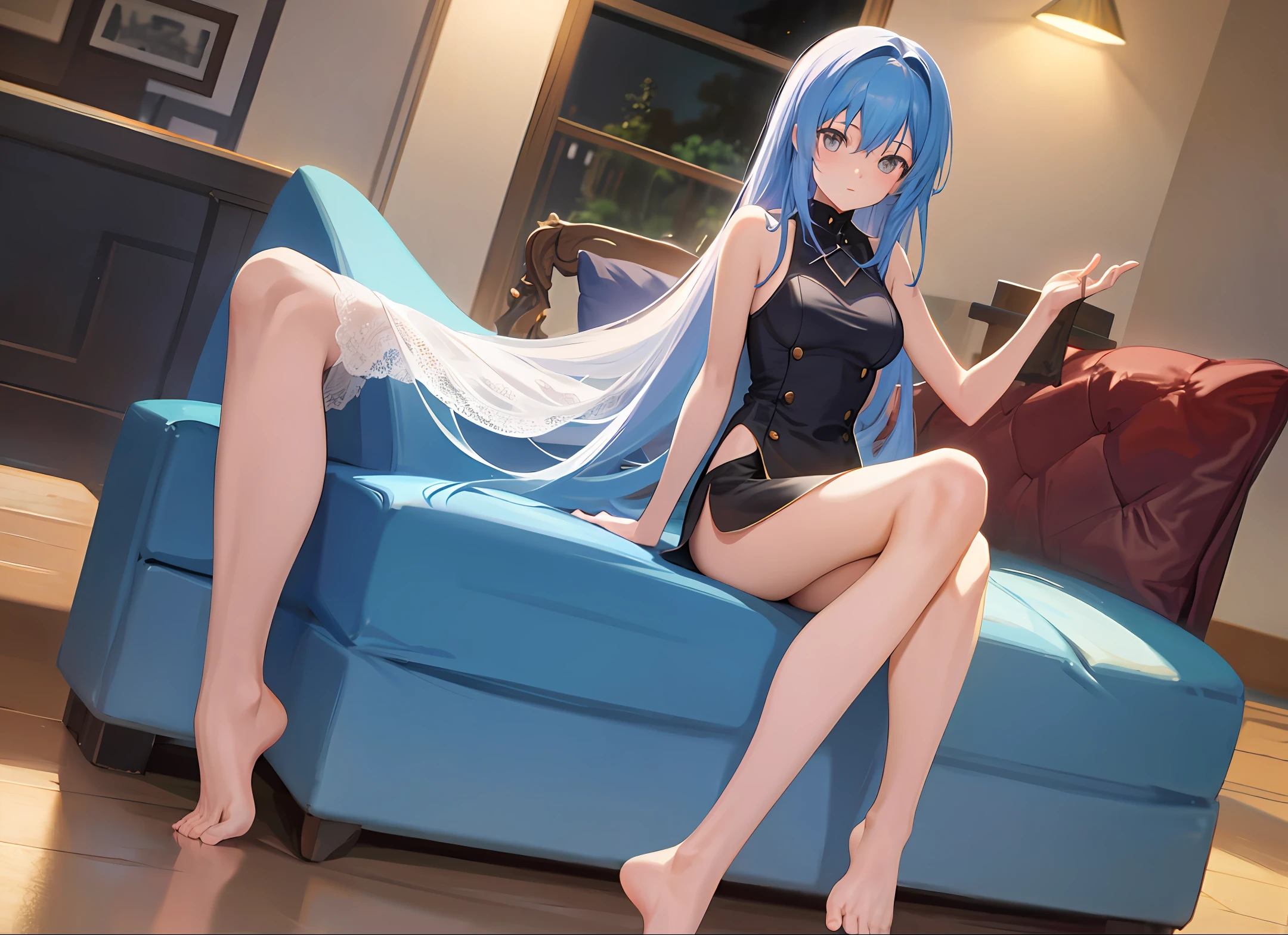 . She has M-shaped legs and shows off her