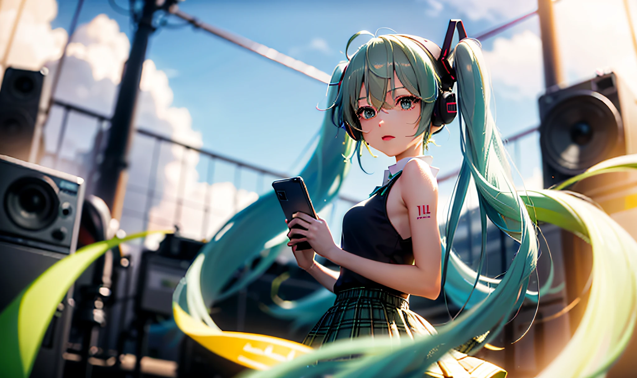 (Masterpiece, Best Quality: 1.2), Hatsune Miku, 1 Girl, Green Hair, Singing Figure, Side Half, Back to Camera, Solo, Headphones, Cyber, Eyes to Watch the Audience, Headphones, Sleeveless Shirt, Pleated Skirt
