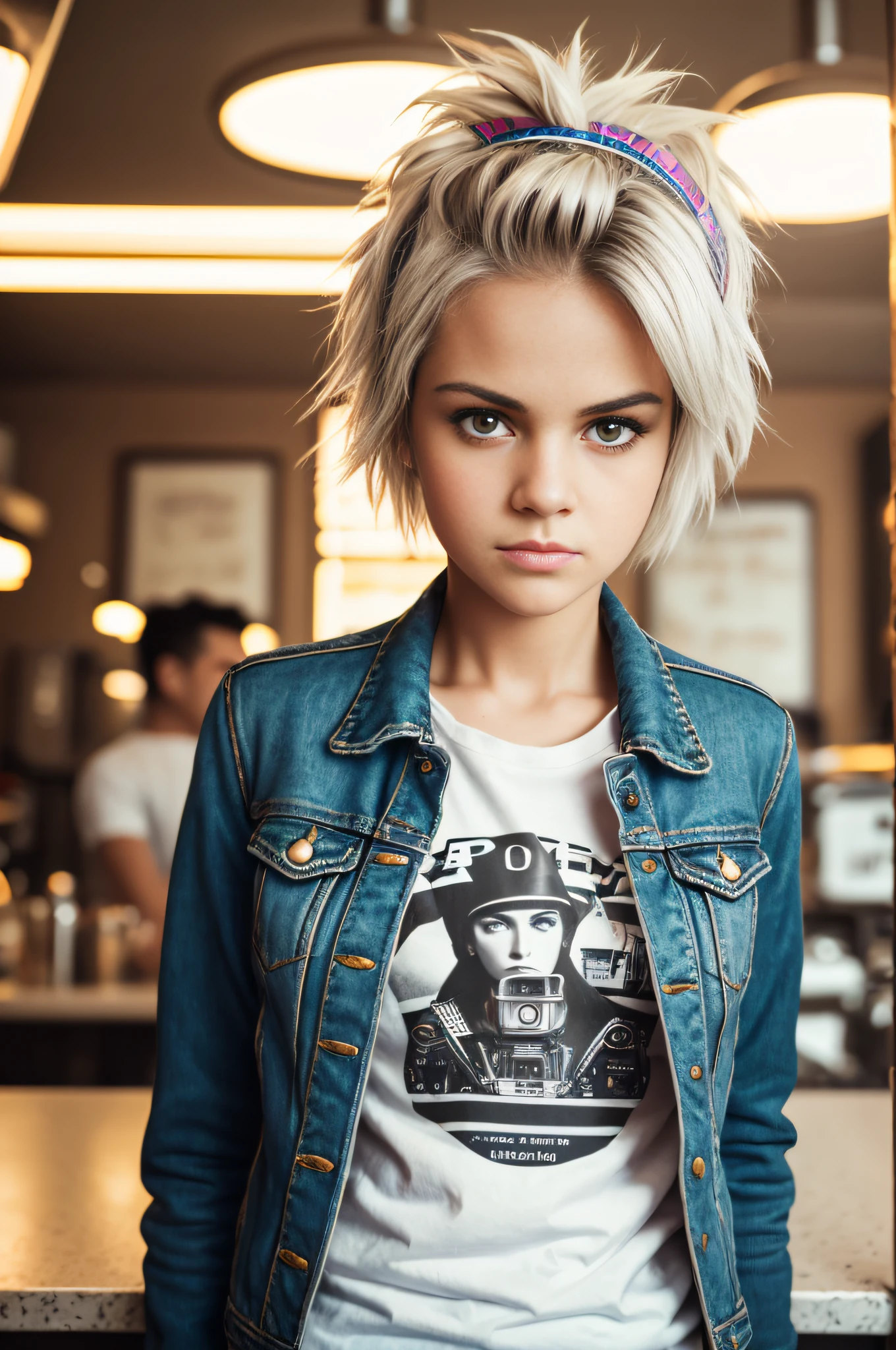 analog style, photo of a woman, art by Diane Arbus, cute punk rock girl, mad max jacket, white t-shirt, hyper realistic style, highlight hair, standing in a diner, wearing a white t-shirt, rim lighting, studio lighting, looking at the camera, ultra quality, sharp focus, tack sharp, dof, film grain, Canon R5, 50 mm lens, f 1.4, bokeh, crystal clear, 8K UHD, detailed face, detailed eyes, detailed skin