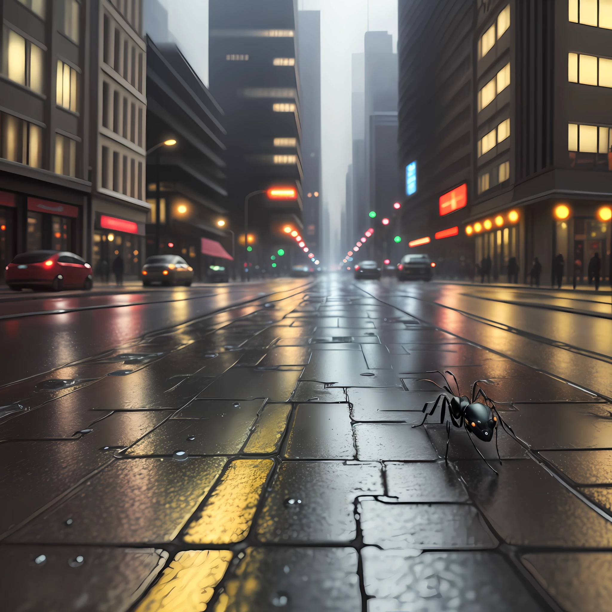 Realistic ant 3d, realistic environment, city,wet streets, raindrops,dynamic light, realistic detailed photo.