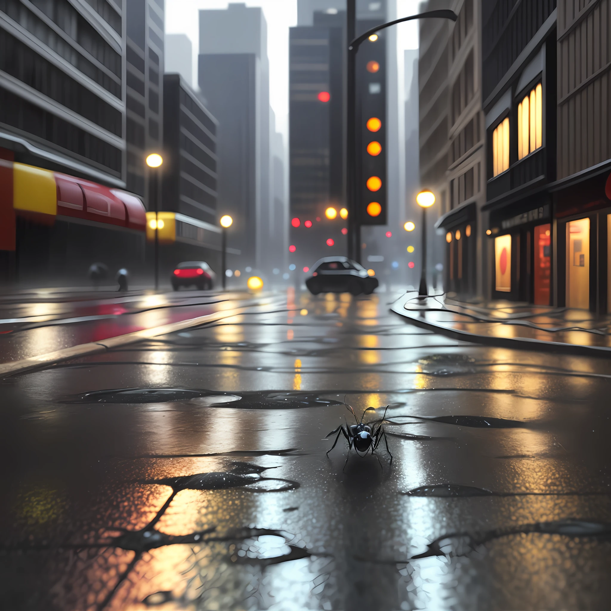 Realistic ant 3d, realistic environment, city,wet streets, raindrops,dynamic light, realistic detailed photo.