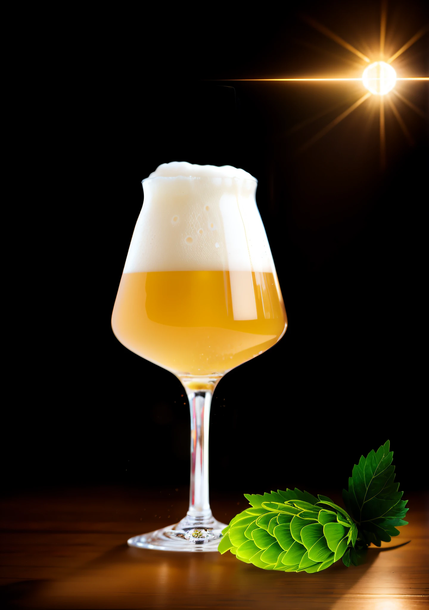 Close-up of a glass of beer and hops on a board, dark background, realistic, detailed bubbles in beer, detailed beer foam, transparent beer, atmospheric light refraction, shot by Lee Jeffries, Nikon d850 film stock photo 4 Kodak Portra 400 camera f1.6 lens, rich colors, ultra-realistic realistic textures, dramatic lighting, unreal engine trending on artstation cinestill 800，Style-Glass