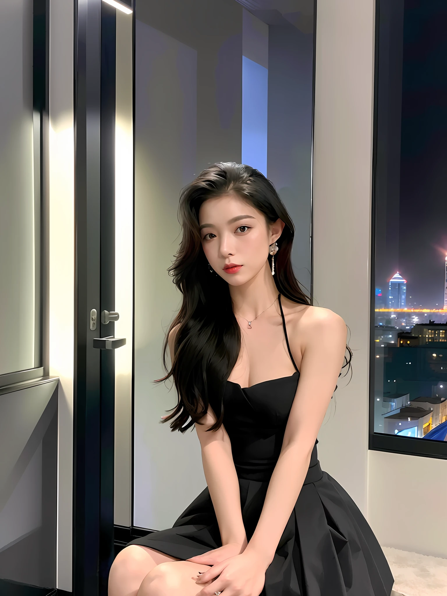 (raw photo:1.2), (photorealistic:1.4),((physically-based rendering)), best quality,masterpiece,best quality,official art, (realistic, photo-realistic:1.4), (high detailed skin:1),
indoors, window, cityscape, night, 
1girl,full body,pbx,tiangongjiang,
black hair, long hair, red lipstick, cleavage, large breasts, 
jewelry, earrings, necklace, bare shoulders, uniform, pleated skirt, 
looking at viewer,sitting,