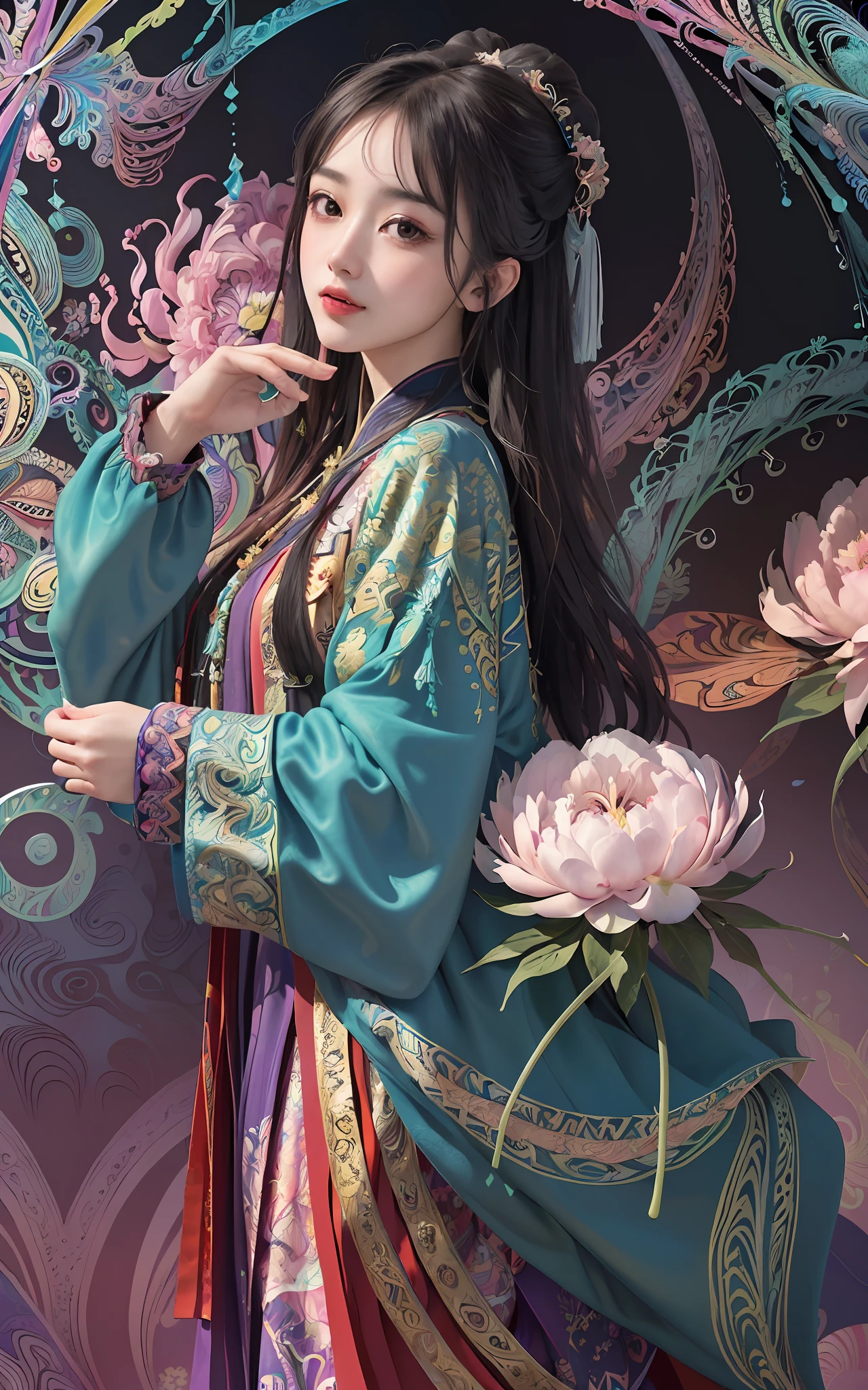 (masterpiece, top quality, best quality, official art, beautiful and aesthetic:1.2), extremely detailed,(fractal art:1.2),colorful,highest detailed,(zentangle:1.2), (dynamic pose), (abstract background:1.5), (many colors:1.4), 1 girl, (MF-SD15-V1:0.8), black hair, hanfu, ming style, Spider Lily, peonies blossom,