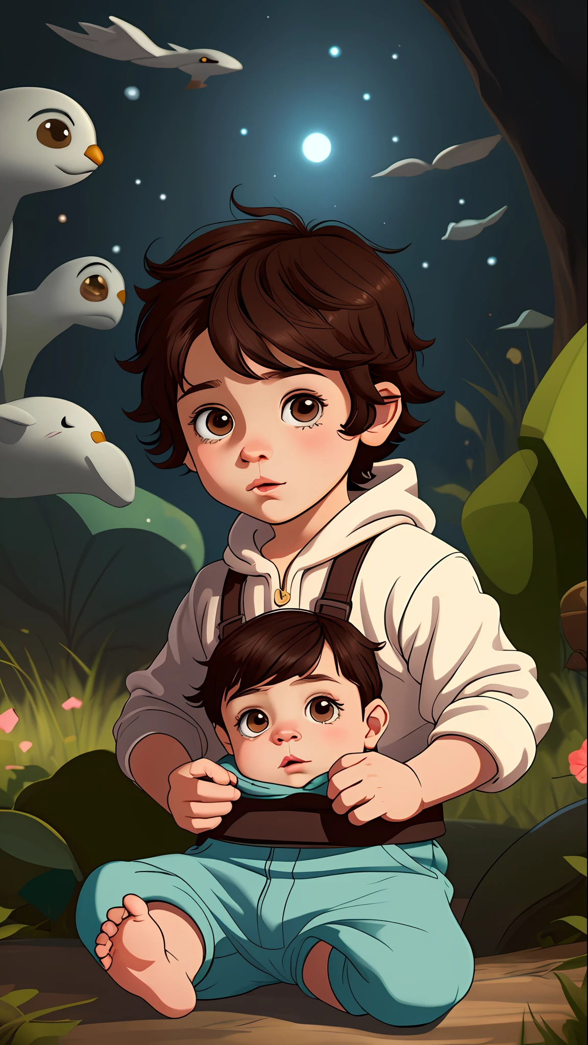 Cute and adorable cartoon baby boy in a jumper, dark hair, brown eyes, fantasy, dreamlike, super cute