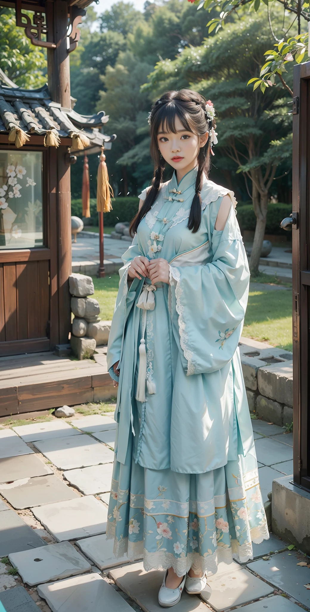 ulzzang-6500-v1.1, (raw photo:1.2), (photorealistic:1.4), beautiful and detailed girl, very detailed eyes and face, beautiful detailed eyes, absurd, incredibly ridiculous, huge file size, super detailed, high resolution, very detailed, best quality, masterpiece, kemomimi, ((Chinese woman wears Hanfu, silk, lace)), wears Chinese Hanfu, ((cyan stockings)) lively pose, facing the viewer, medium breasts, of the best quality, inlaid with a wooden grid of this translucent painting. Outside the window are Chinese Garden, Suzhou Garden, Rockery, Slate Floor Corridor, Pool, Maple Tree, (Tile Roof: 1.3), Gazebo, (Stone Eaves: 1.4), Stone Fence, (White Wall), Spring View, Lush Trees, Plants, Viewer's View, CG, Unity, 8k Wallpaper, Amazing, Fine Details, Masterpiece, Best Quality, Very Detailed CG Uniform 8k Wallpaper, Light on Face, Movie Lighting, 1girl, Full Body, Sexy, Bare Shoulder