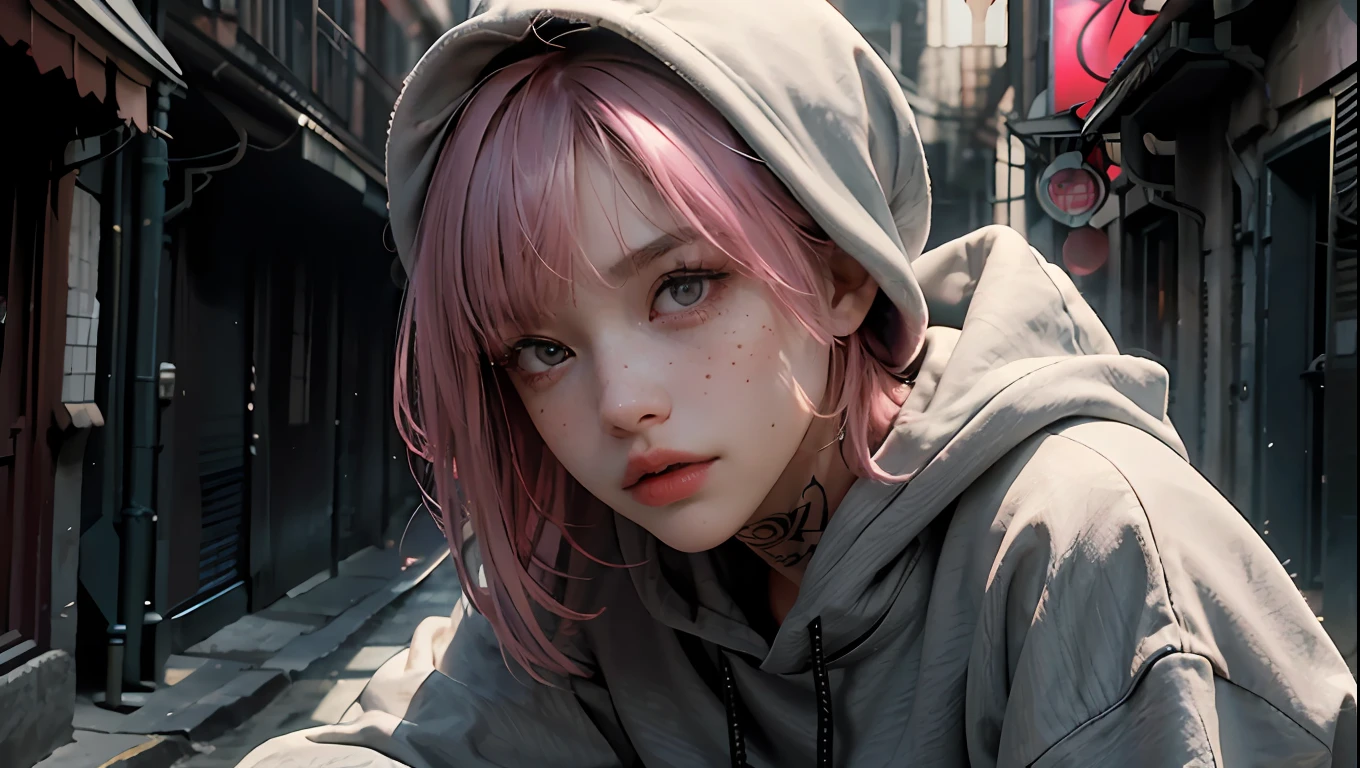 ((best quality)), ((masterpiece)), ((realistic)), (detailed), (1 girl) women, hoodie, arm tattoo, portrait, asymmetrical bangs, bandaid, short hair, bangs, breasts, freckles, grey eyes, large breasts, looking at viewer, neck tattoo, nose piercing, pink hair, solo, tattoo on face, upper body, detailed background, town, alley, dark alley, portrait, hood on head, night, angry, close up, closed mouth, , ((masterpiece)), absurdres