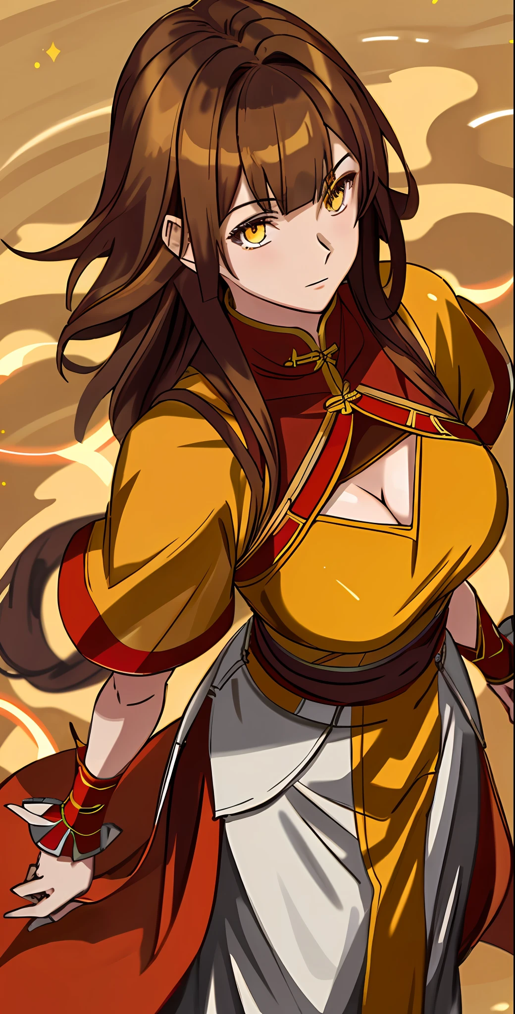 Yellow eyes, red Chinese dress, brown hair, floating, space, from above, big breasts, cleavage