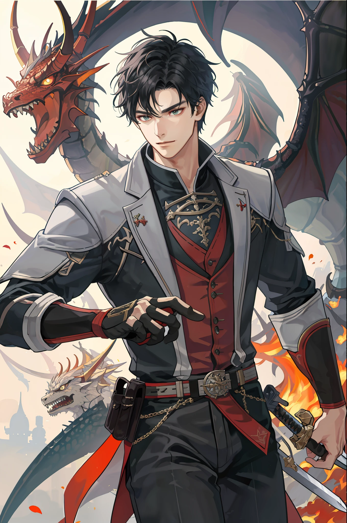 High Quality, Masterpiece, High Detailed, Dragon Knight with Sword, Fight, Dragon, Black Hair