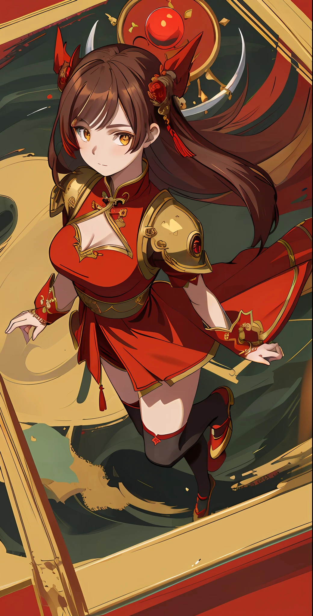 absurd res, high res, (masterpiece:1.4), ultra-detailed, 1girl, from above, space, floating, red Chinese dress, red dress, black stockings, light brown hair, yellow eyes, hands out of frame, big breasts, cleavage, revealing