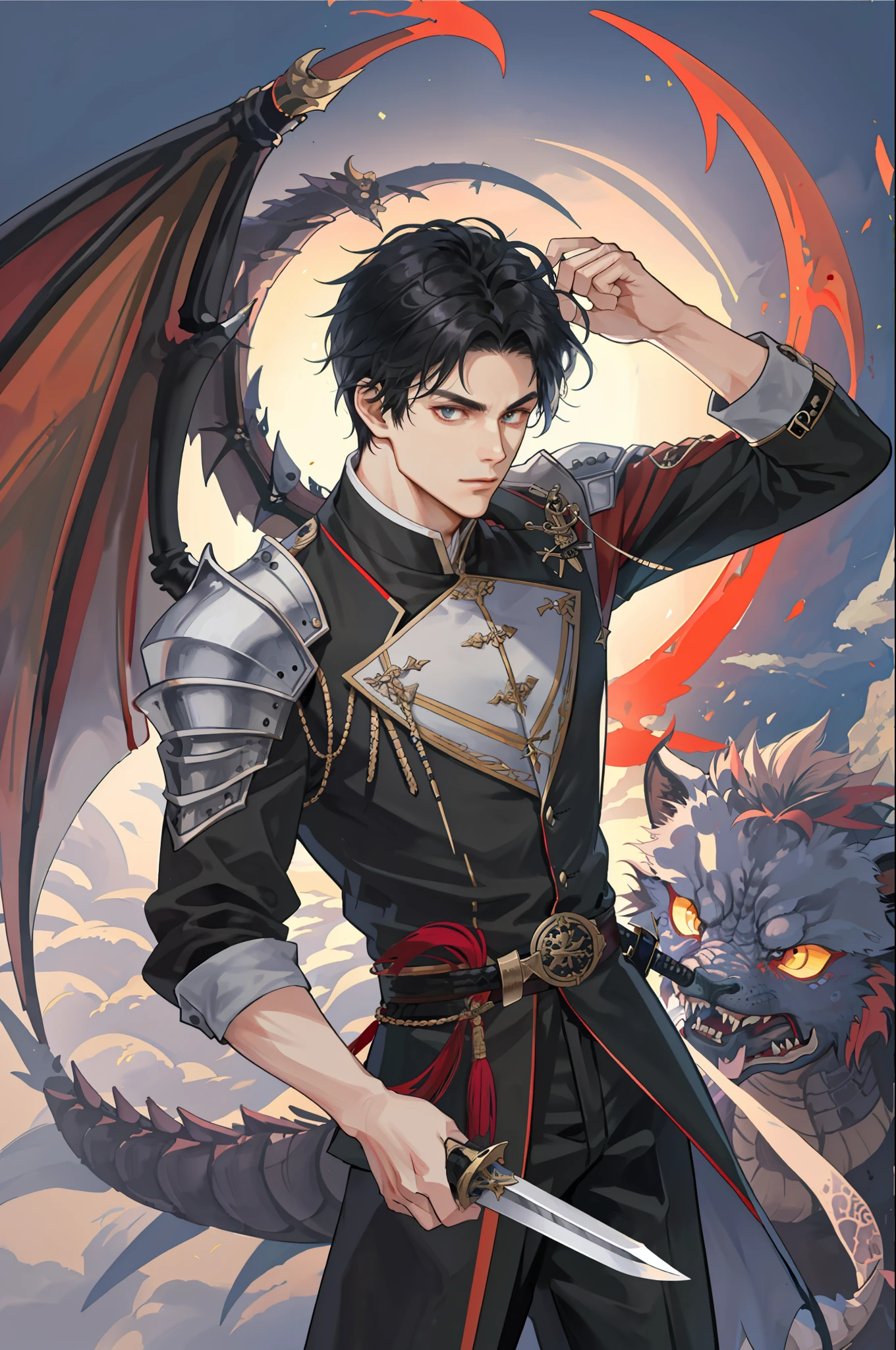 High Quality, Masterpiece, High Detailed, Dragon Knight with Sword, Dynamic Pose, Dragon, Black Hair