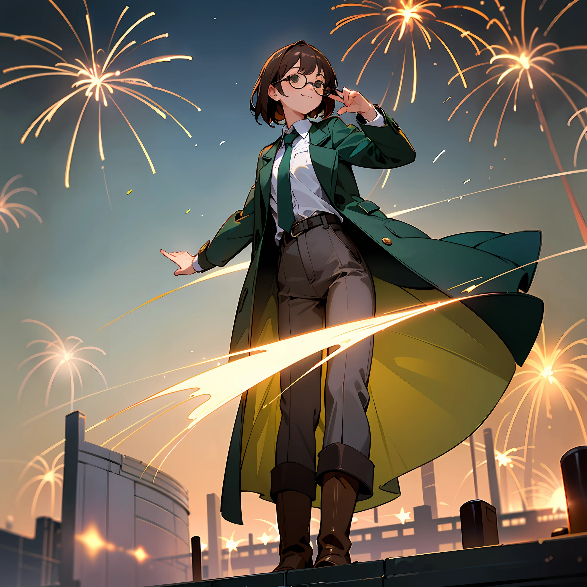 ((high quality)), ((masterpiece)), 8k, 2girls, green coat, white shirt, short dark blue tie Black slacks, black glasses, brown boots, chestnut brown shawl hair, a woman, standing on the ground looking at the sky fireworks, night, smiling, back, half, looking up, very detailed CG unity 8k wallpaper, game cg,