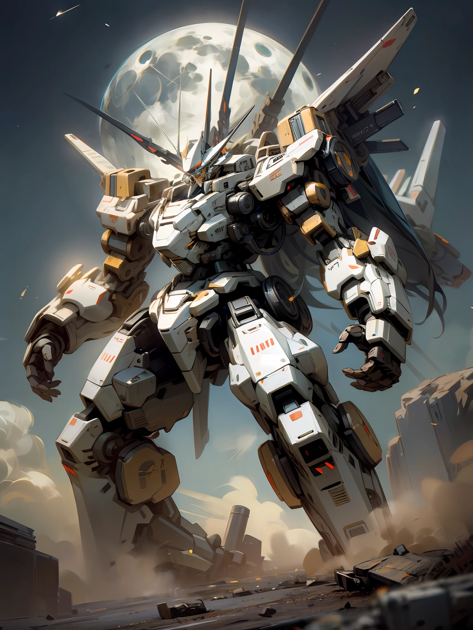 masterpiece, high quality, highly detailed, mecha, big moon, cinematic lighting,