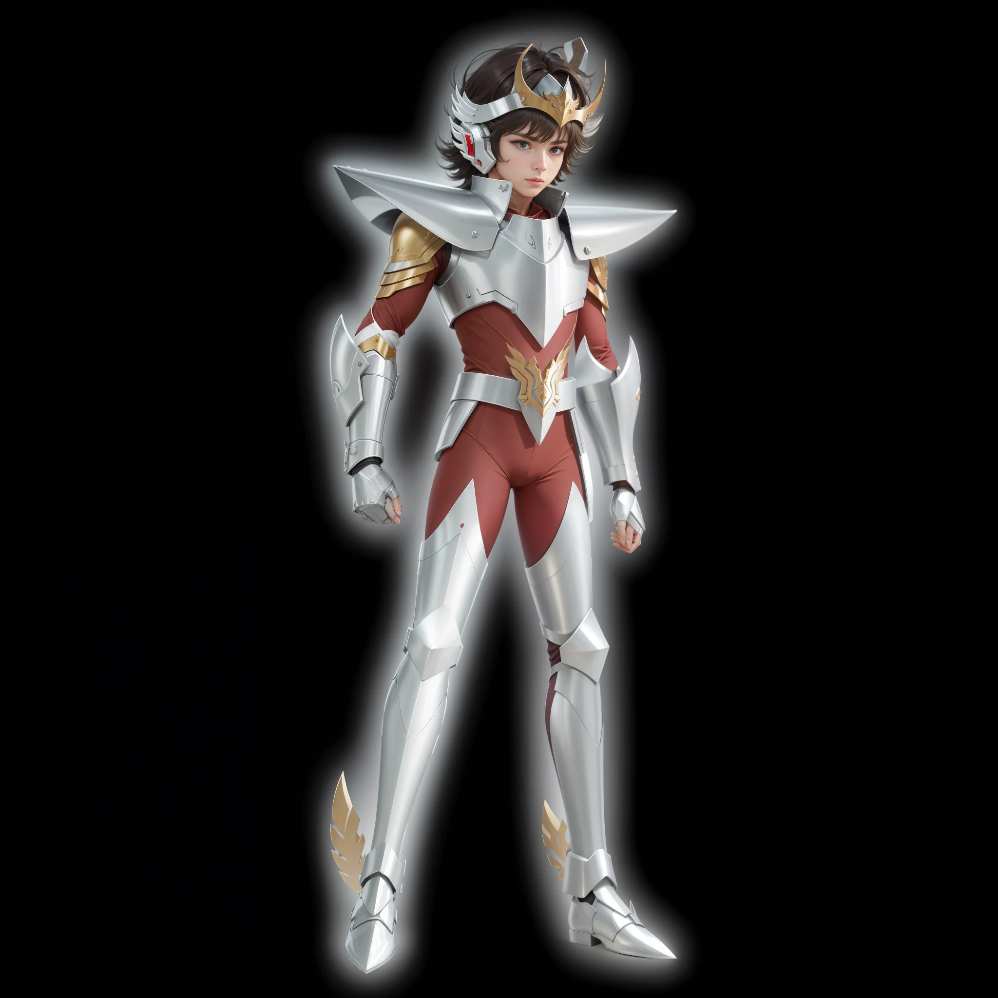 A boy in armor, dark brown hair, bare upper arms, silver armor, strong metallic luster, helmet, red tights, full body, lighting, white background, perfect fingers, Saint Seiya style