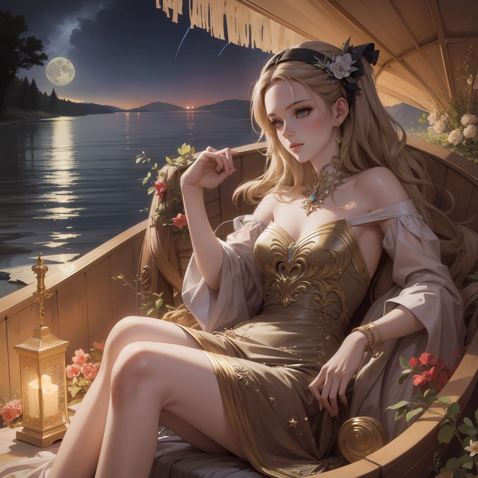 best quality, masterpiece, anime style, beautiful noble woman, perfect anatomy, flawless, sitting in a small boat, lake, moon, nebula, shooting stars, wearing a beautiful dress, ultra beautiful detailed eyes, hyperdetailed face, complex, perfect, model, textured, chiaroscuro, professional make-up, realistic, rough, dominating, figure in frame, by WLOP, cinematic lighting, stars, night, fireflies, near a lake, ethereal,