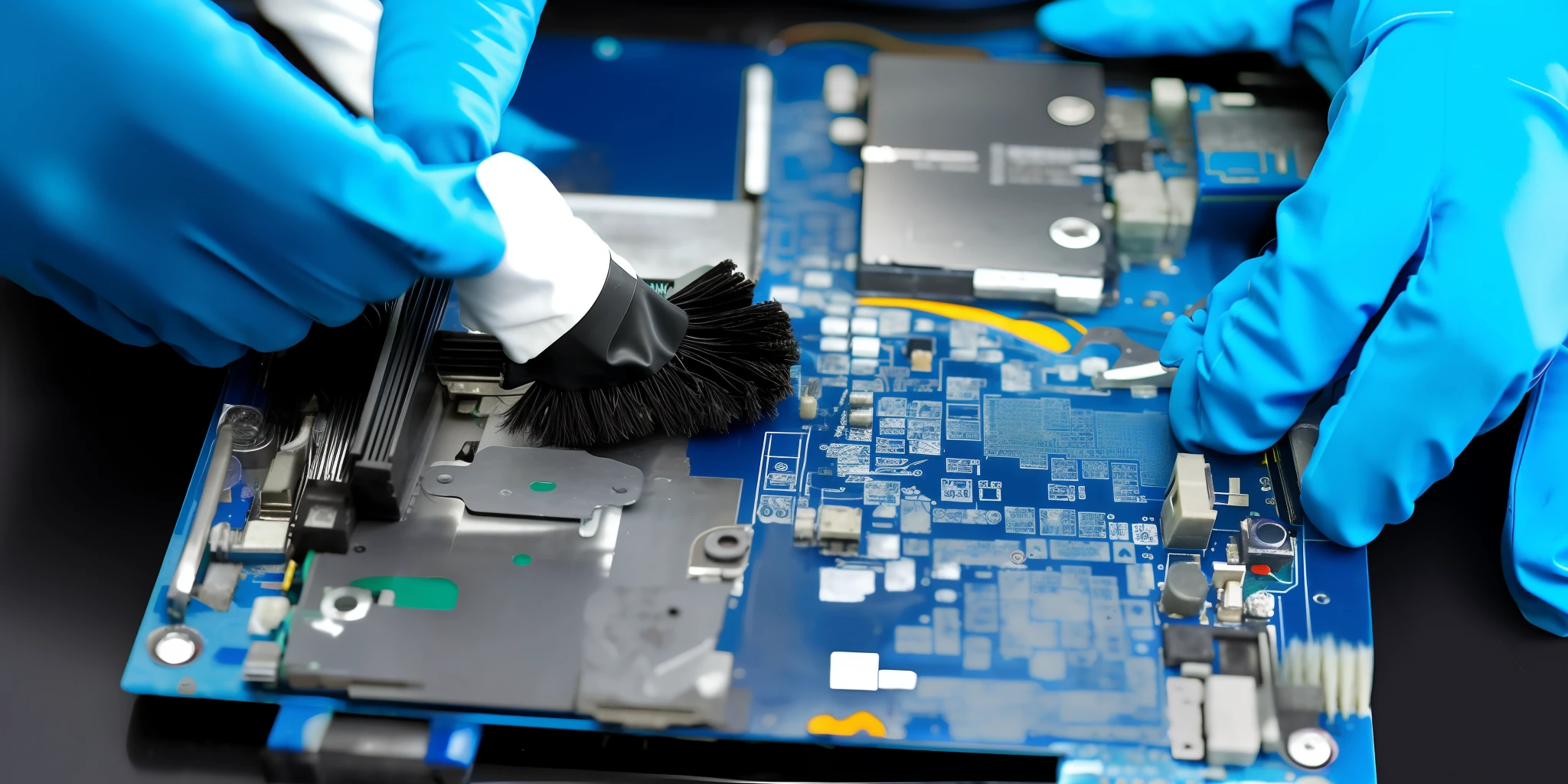 someone is cleaning a motherboard with a brush and a black glove, motherboard circuit, motherboard, electronic components, disassemble computer, circuit boards, bios chip, computer components, printed circuit board, electronic circuit, circuit board processor, maintenance, advanced technology, microchips, digitally enhanced, circuit board, crispy electronics, computer parts