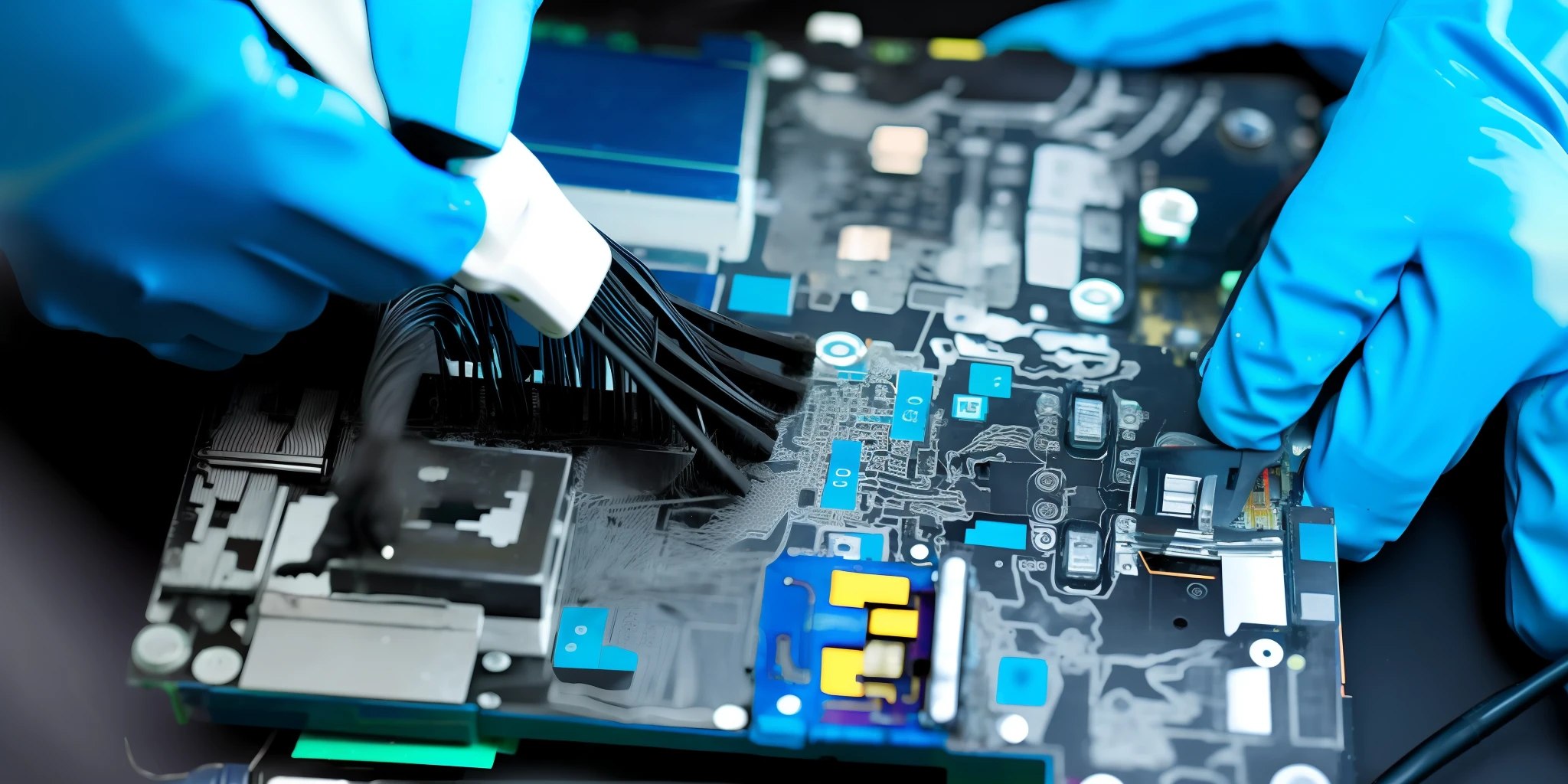 someone is cleaning a motherboard with a brush and a black glove, motherboard circuit, motherboard, electronic components, disassemble computer, circuit boards, bios chip, computer components, printed circuit board, electronic circuit, circuit board processor, maintenance, advanced technology, microchips, digitally enhanced, circuit board, crispy electronics, computer parts