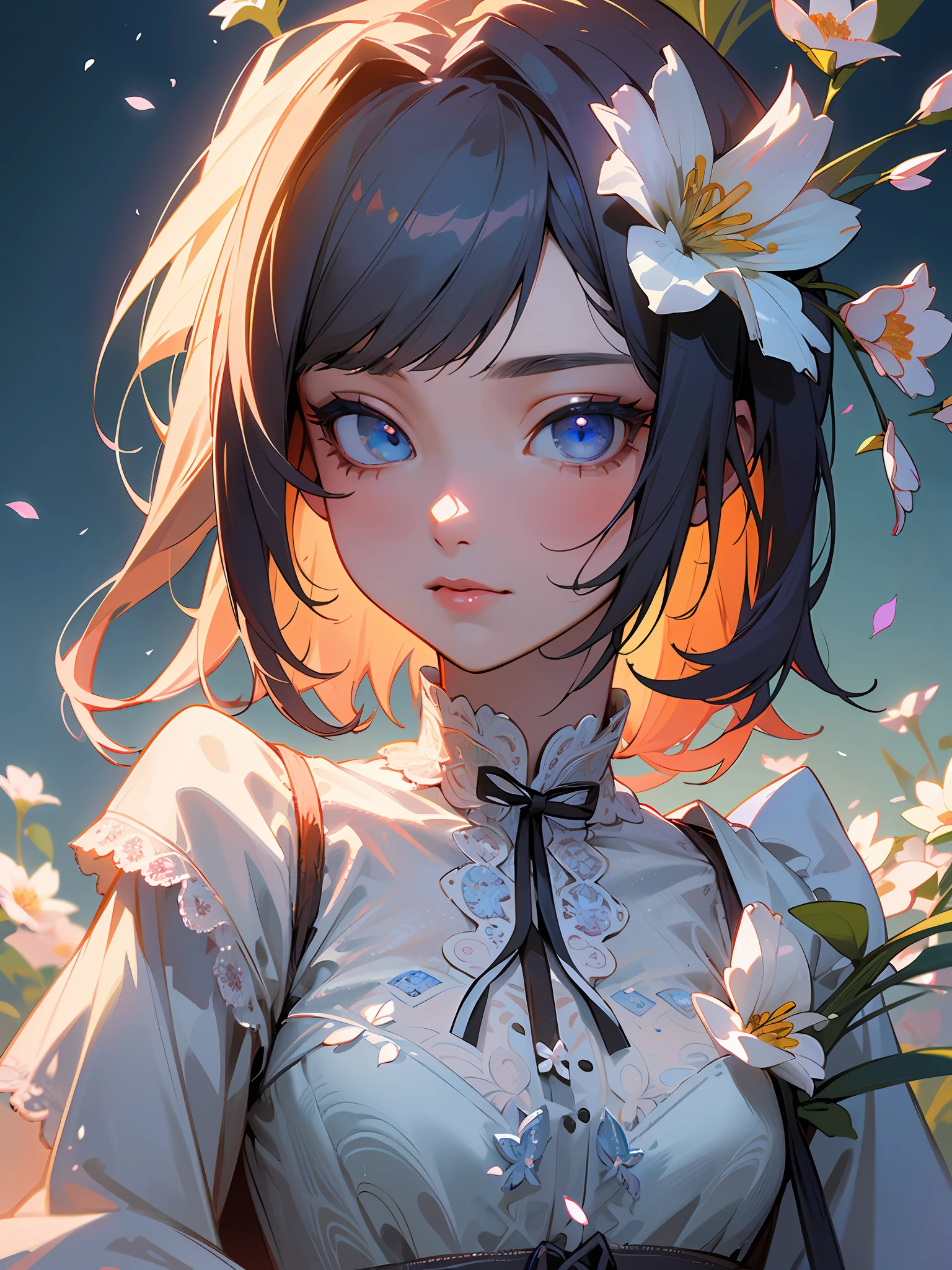 Top Quality, Masterpiece, High Resolution, Ultra Detail, (Very Fine and Beautiful: 1.1), (Perfect Detail: 1.1), (No Human: 1.4), Solo, Highly Detailed Eyes, (Official Art, Beautiful and Aesthetic: 1.2), (Fractal Art: 1.3), Colorful, Pastel Color, (Lots of Flower Effects: 1.4), Lots of Petals, Beautiful Light, Fine Beauty, ( Detailed face with fine eyes:1.3), (beautiful and crisp background:1.2), highly detailed CG, lace, ribbon, dress, flowers and petals, beautiful concept illustration, cowboy shot