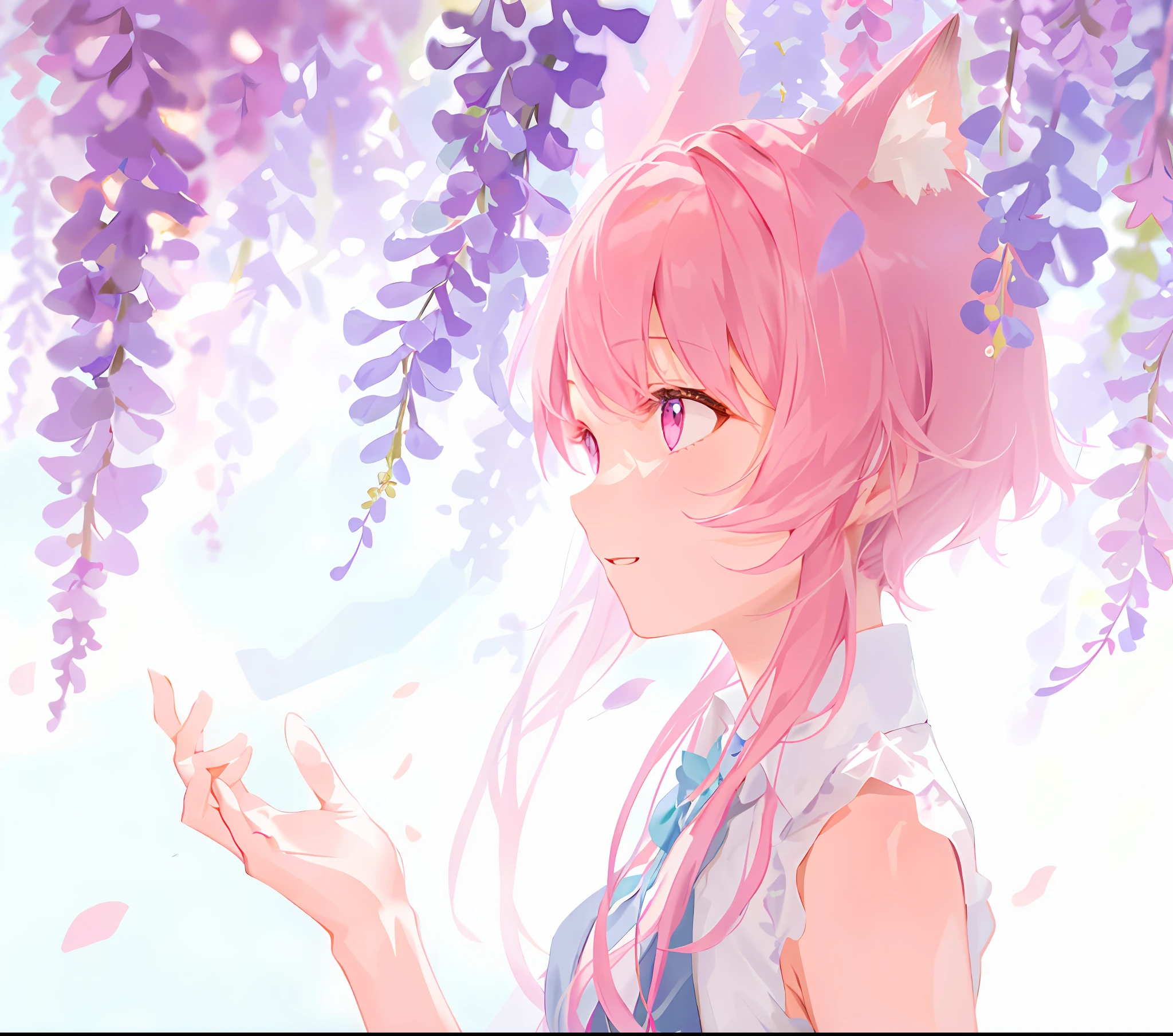 1girl, solo, cute girl with pink hair, pink eyes, wisteria flower background, soft natural light, cat ears, sleeveless white shirt