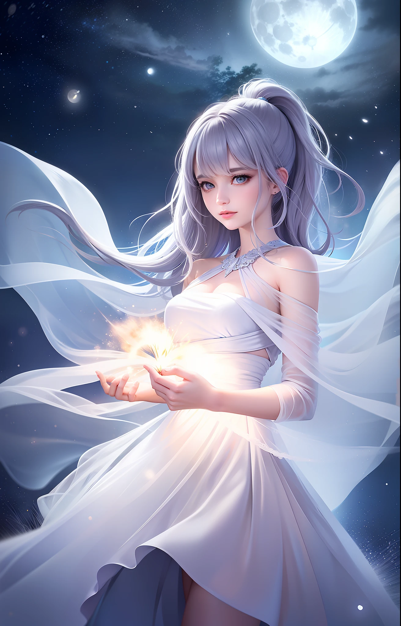 Masterpiece, (Best quality: 1.2), (Super Fine: 1.2), Illustrations, (Extremely delicate and beautiful: 1.2), Cinematic angles, floating, (Beautiful detail eyes: 1.1), (Detail light: 1.1), Cinematic lighting, Delicate sky, Woman, white hair, golden eyes, (High ponytail: 1.1), Cloak, Glowing Eyes, (Moonlight: 1.2), (Moonlight: 1.1), Starry Sky, (Light Particles: 1.1), Fog, Snow Painting, Sketch, Bloom