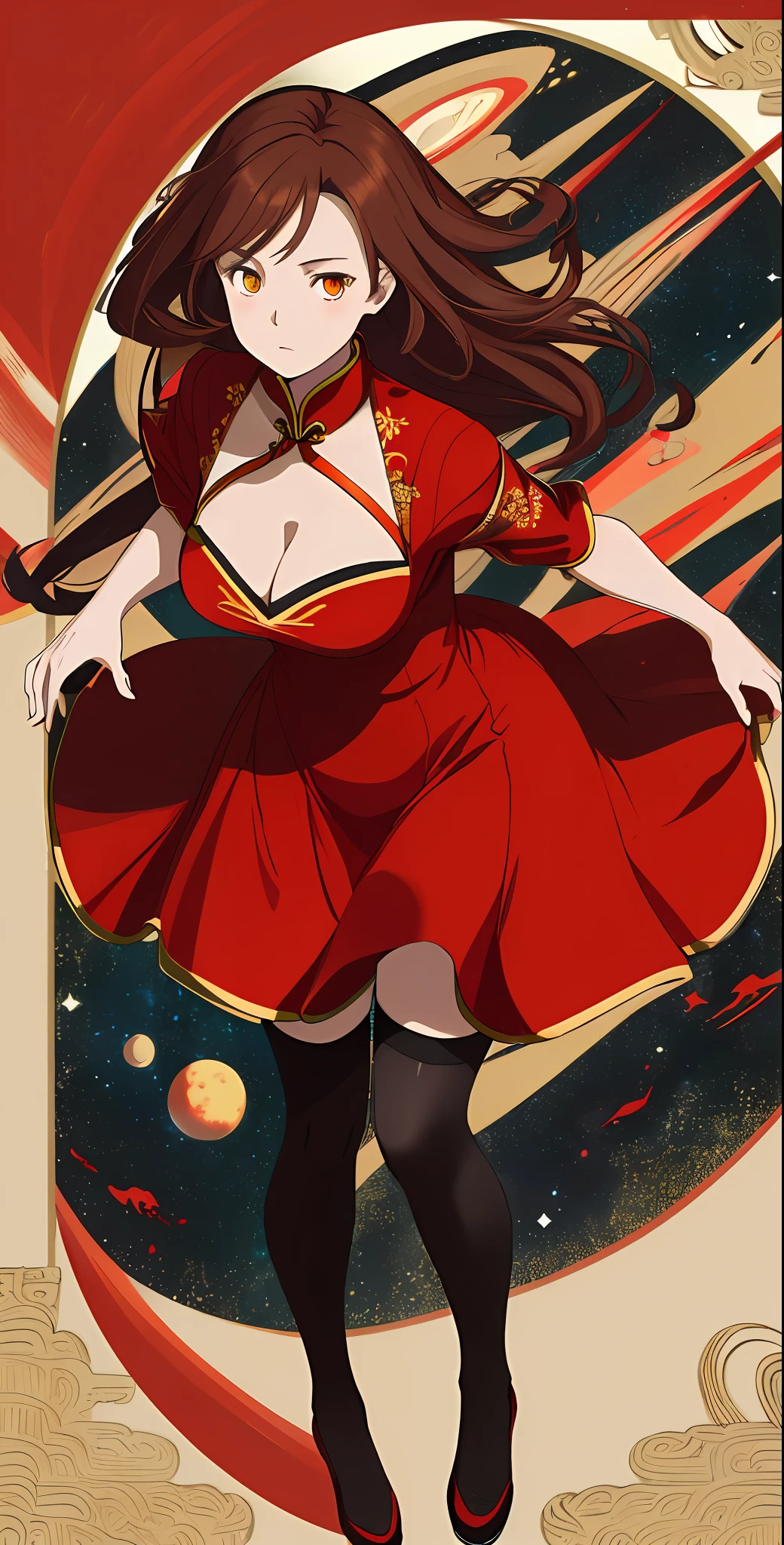 absurd res, high res, (masterpiece:1.4), ultra-detailed, 1girl, from above, space, floating, red Chinese dress, red dress, black stockings, light brown hair, yellow eyes, hands out of frame, big breasts, cleavage, revealing