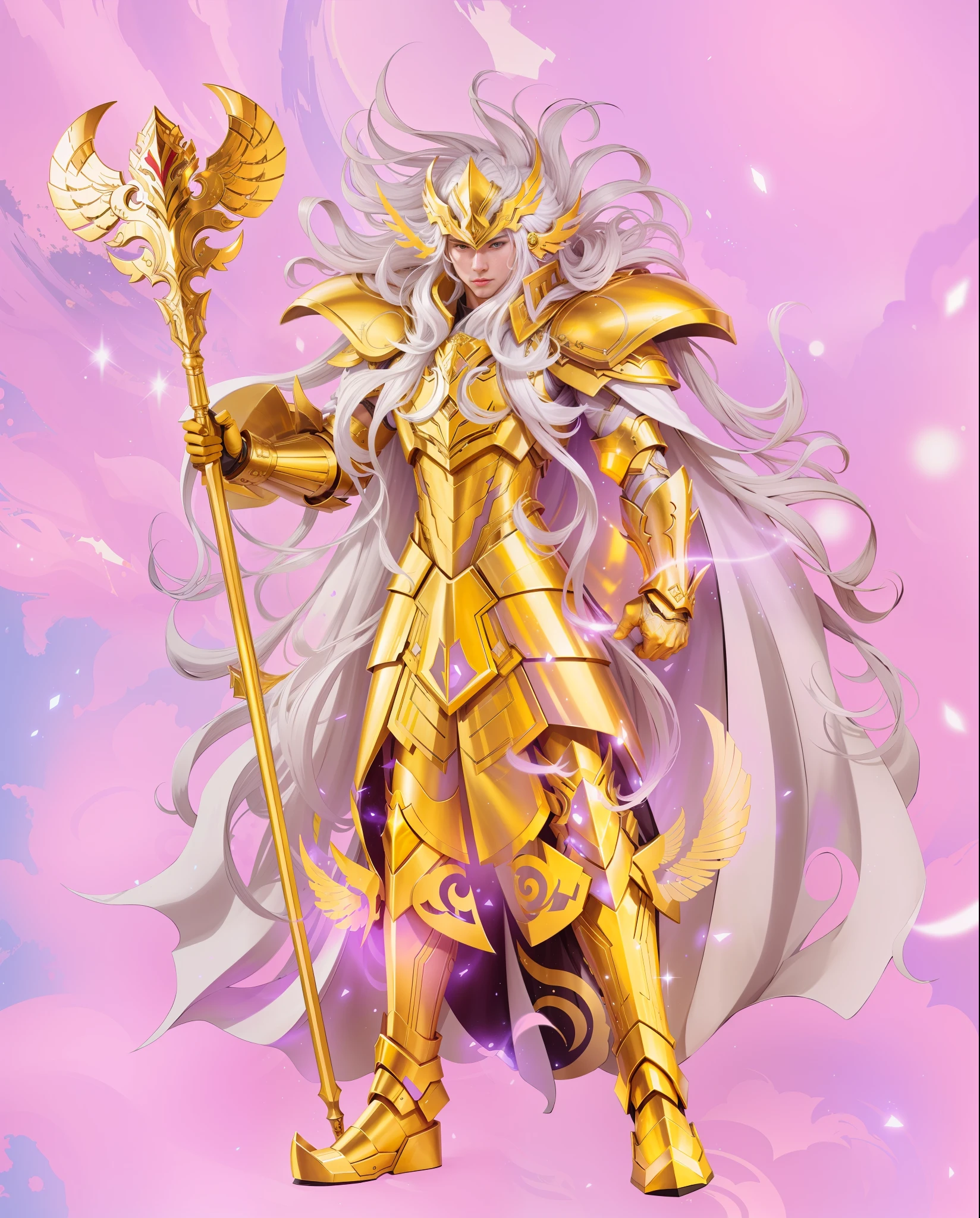 A man in gold armor, white hair, gorgeous golden armor, strong metallic luster texture, helmet, staff in right hand, worn cloak, full body, lighting, white background, perfect fingers, Saint Seiya style